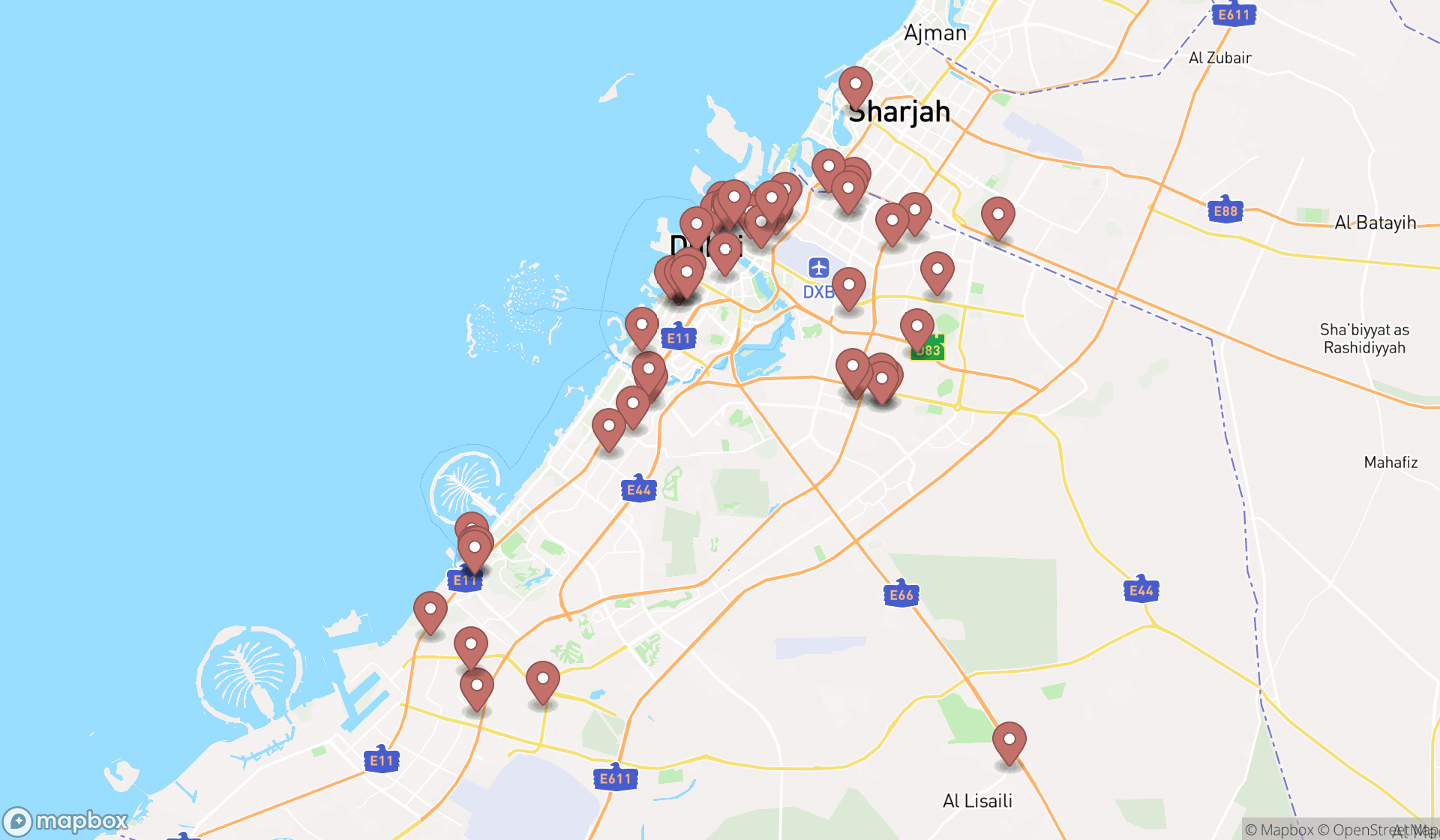 Map showing the search results in Dubai