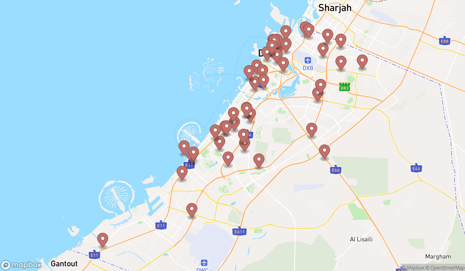 Map showing the search results in Dubai