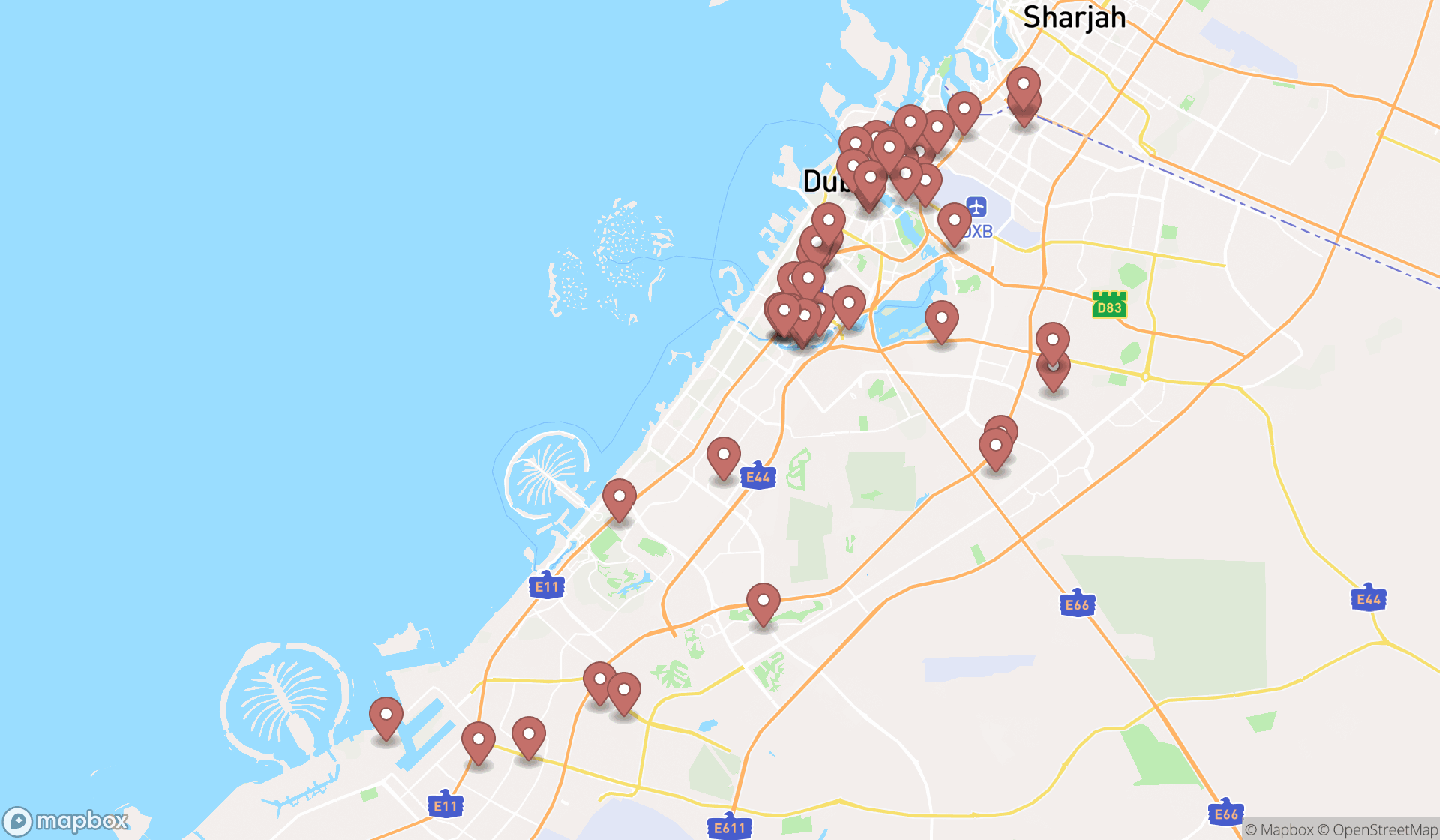 Map showing the search results in Dubai