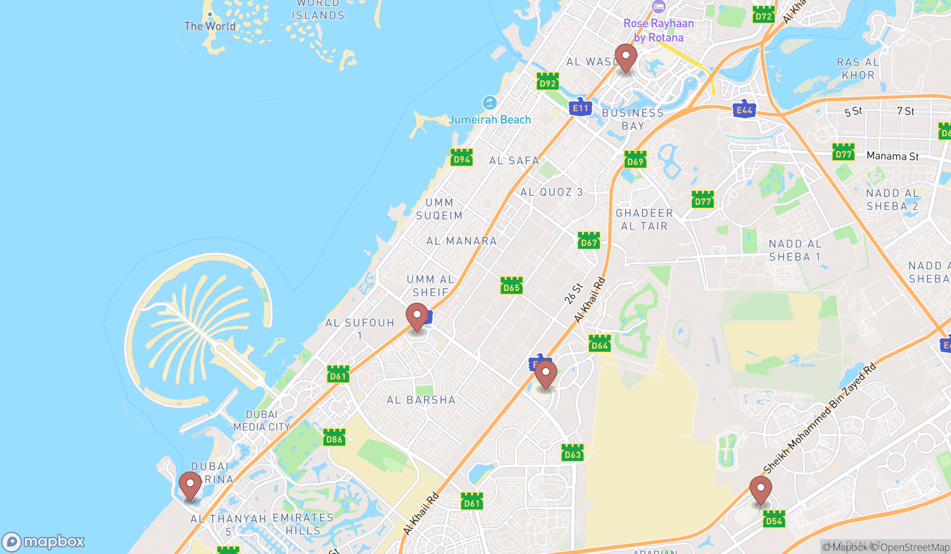 Map showing the search results in Dubai
