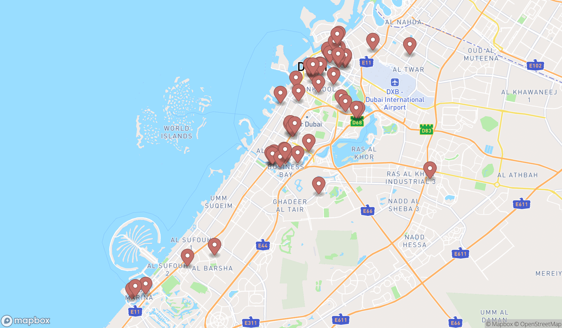 Map showing the search results in Dubai