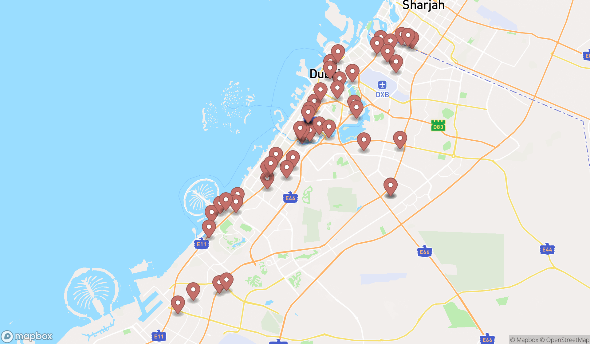 Map showing the search results in Dubai
