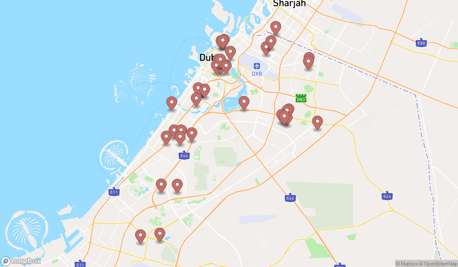 Map showing the search results in Dubai