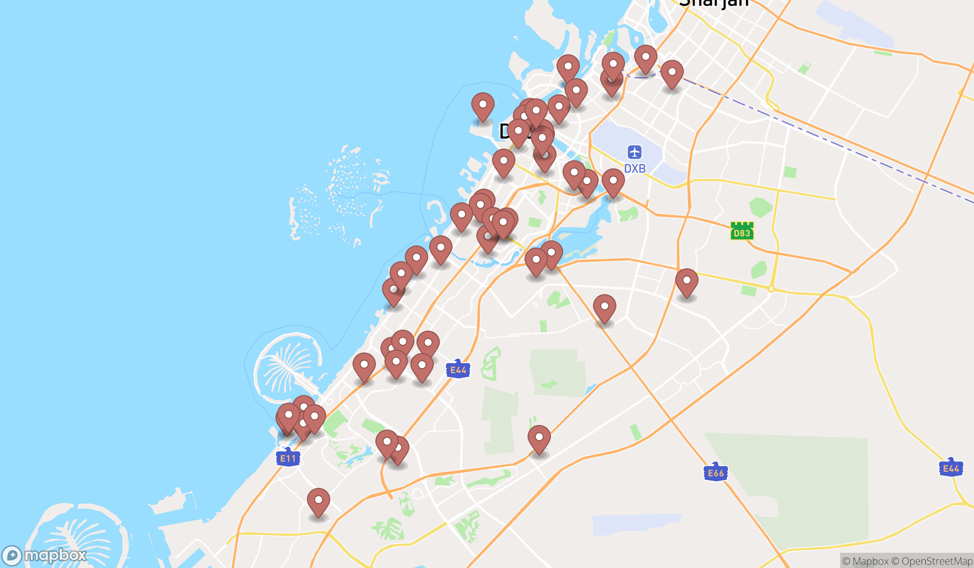Map showing the search results in Dubai
