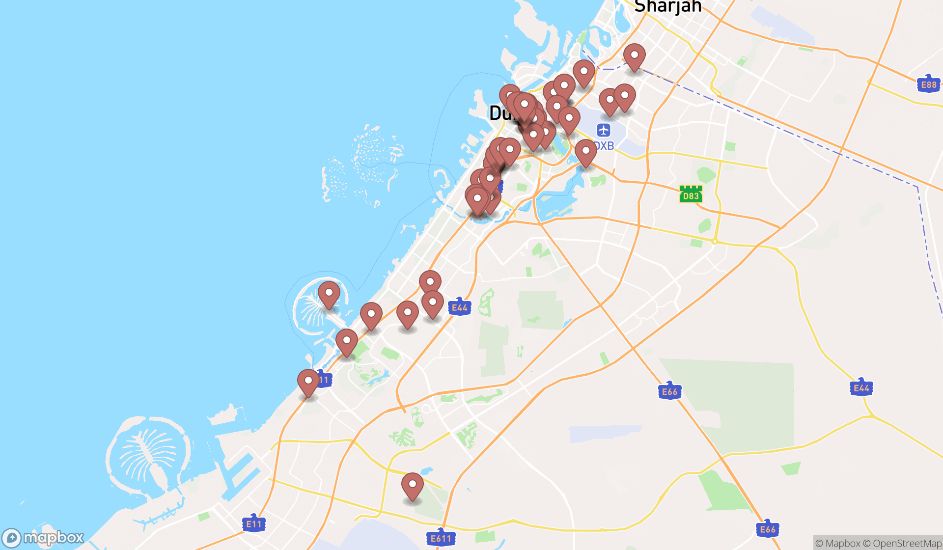 Map showing the search results in Dubai