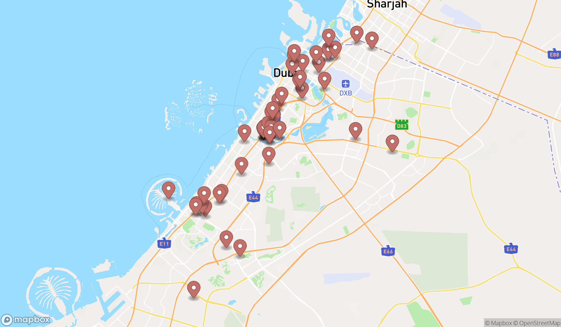 Map showing the search results in Dubai