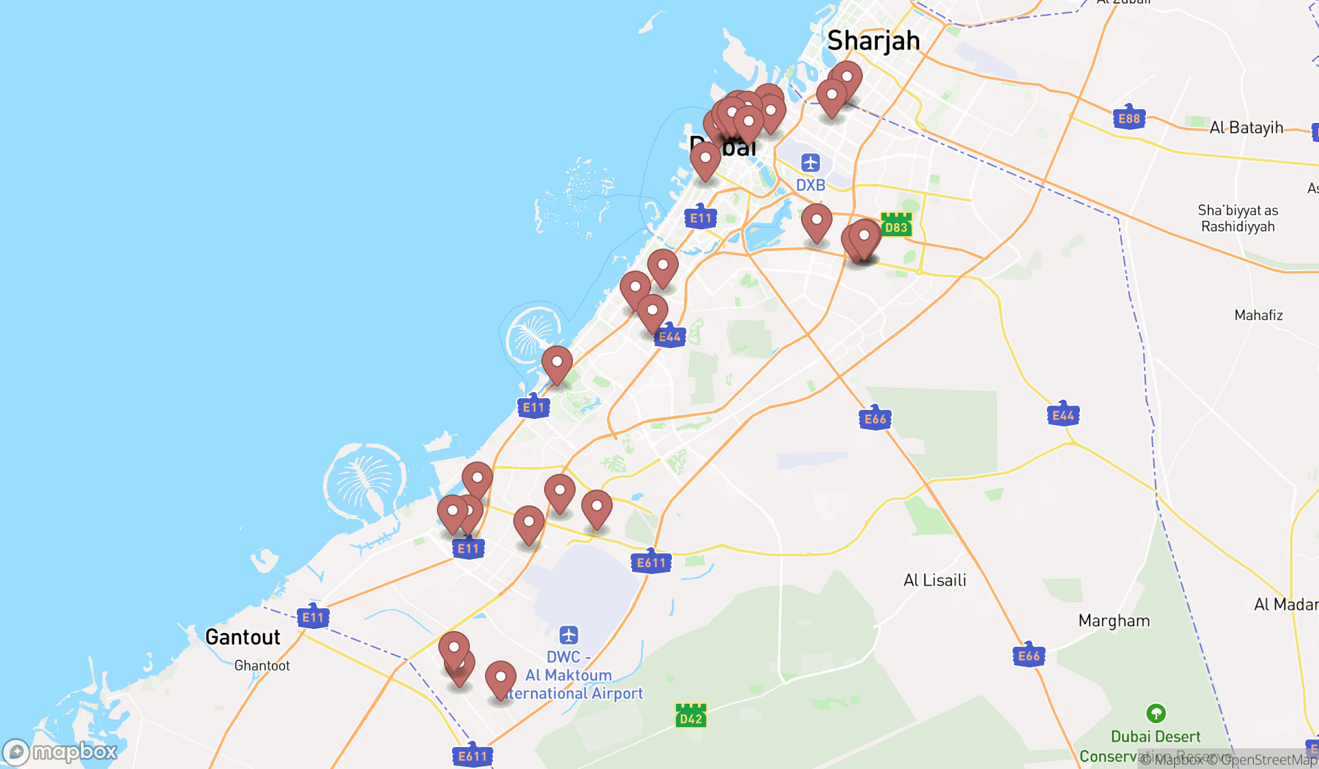 Map showing the search results in Dubai
