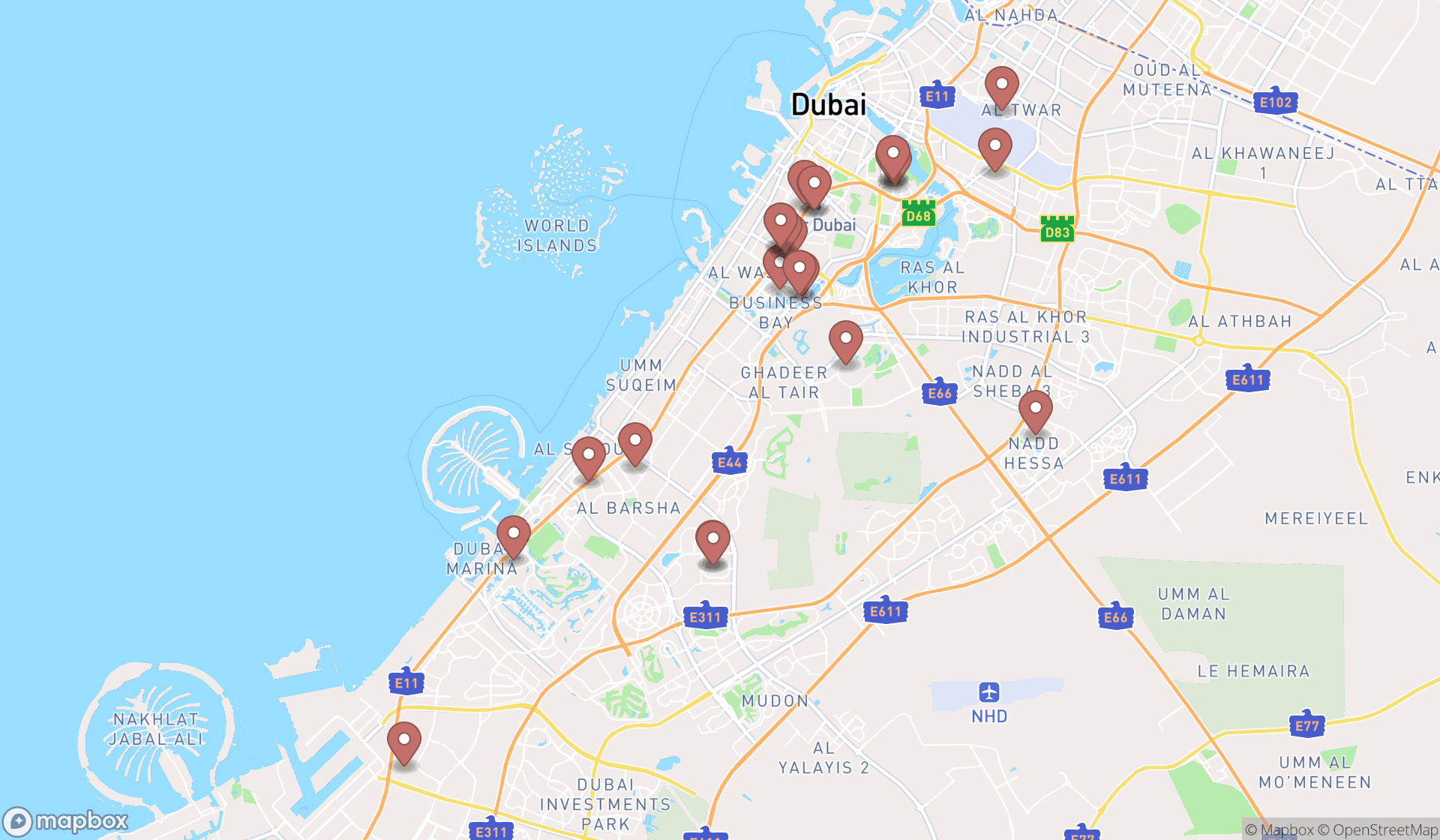 Map showing the search results in Dubai