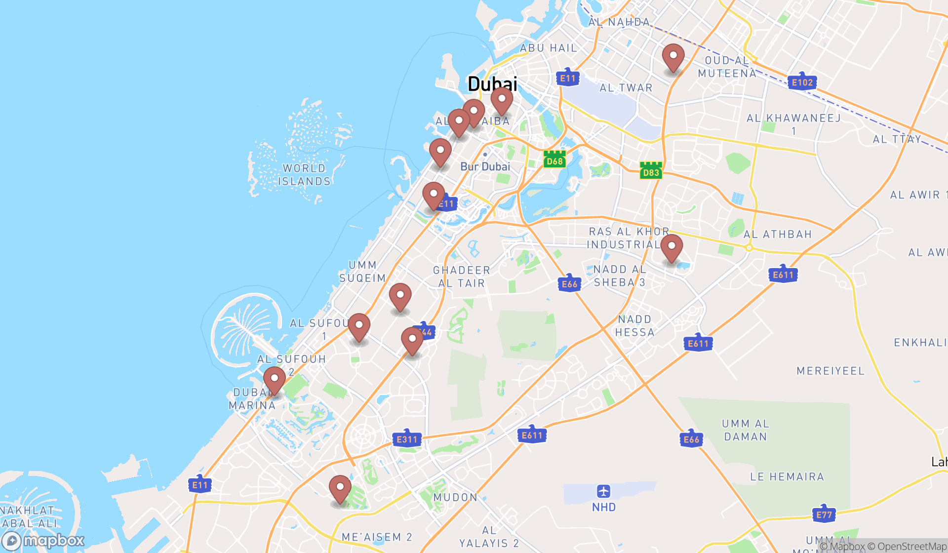 Map showing the search results in Dubai