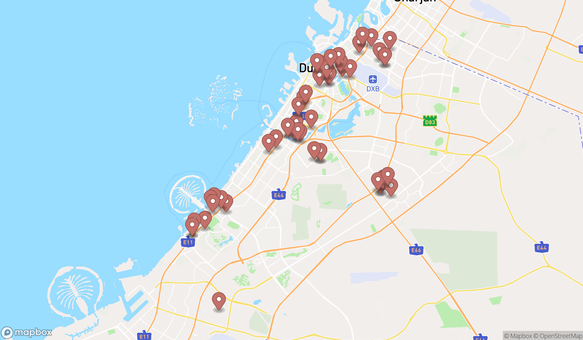 Map showing the search results in Dubai