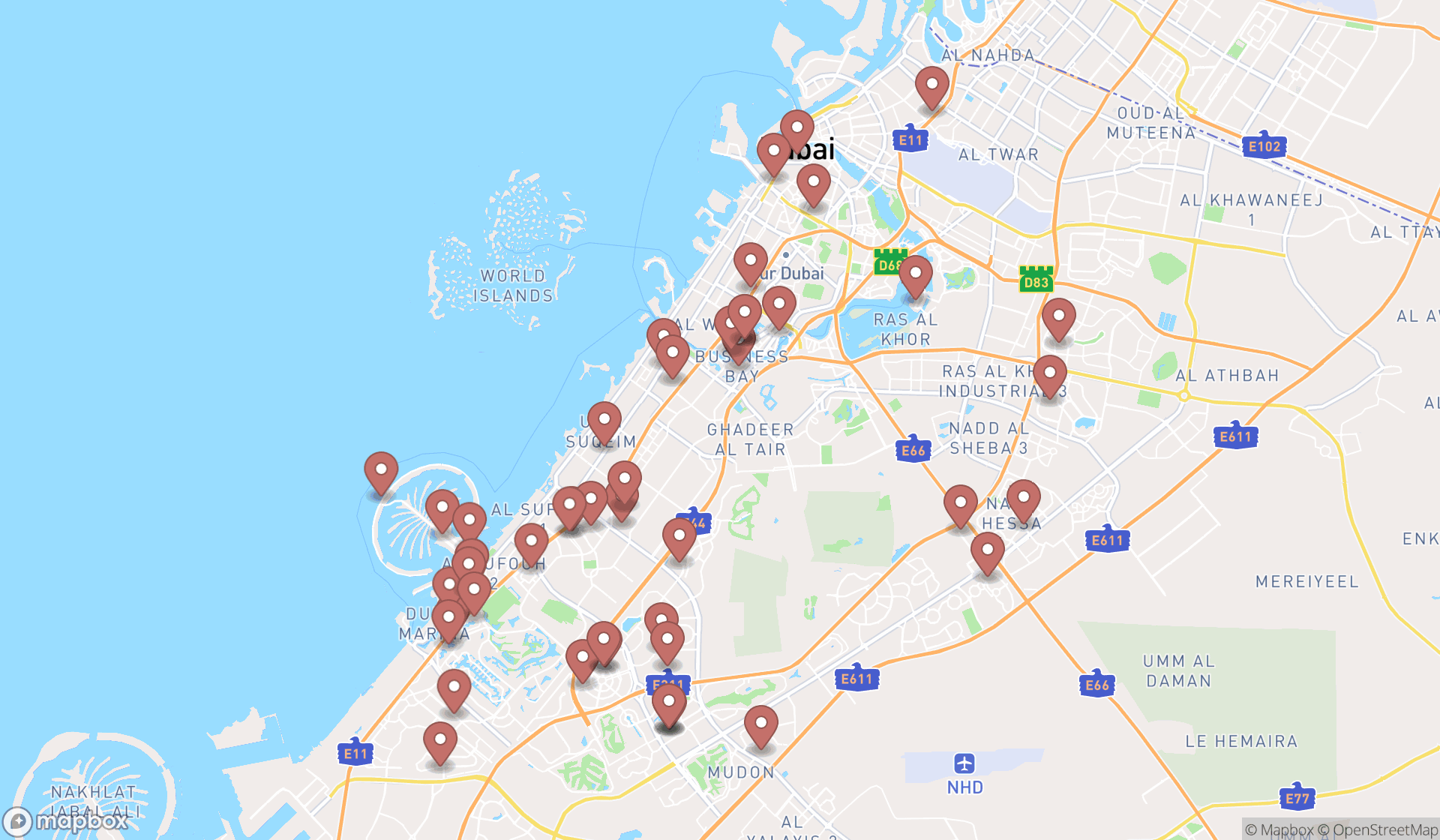 Map showing the search results in Dubai