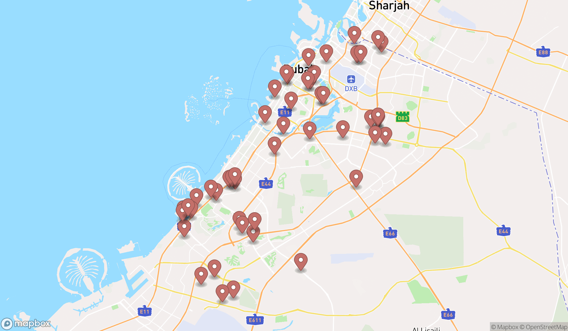 Map showing the search results in Dubai
