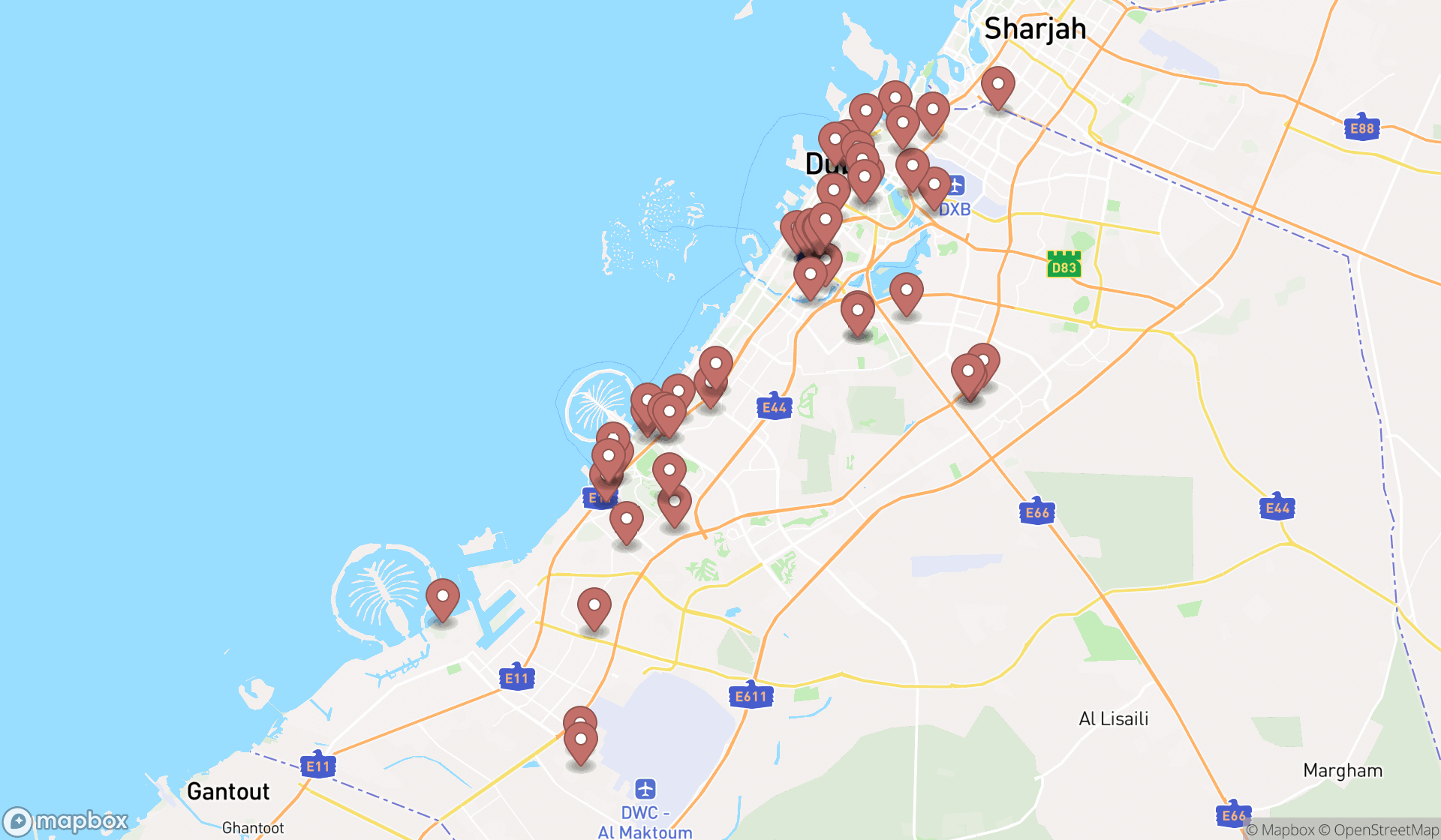 Map showing the search results in Dubai