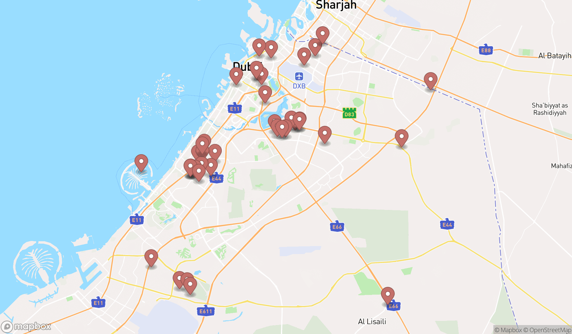 Map showing the search results in Dubai
