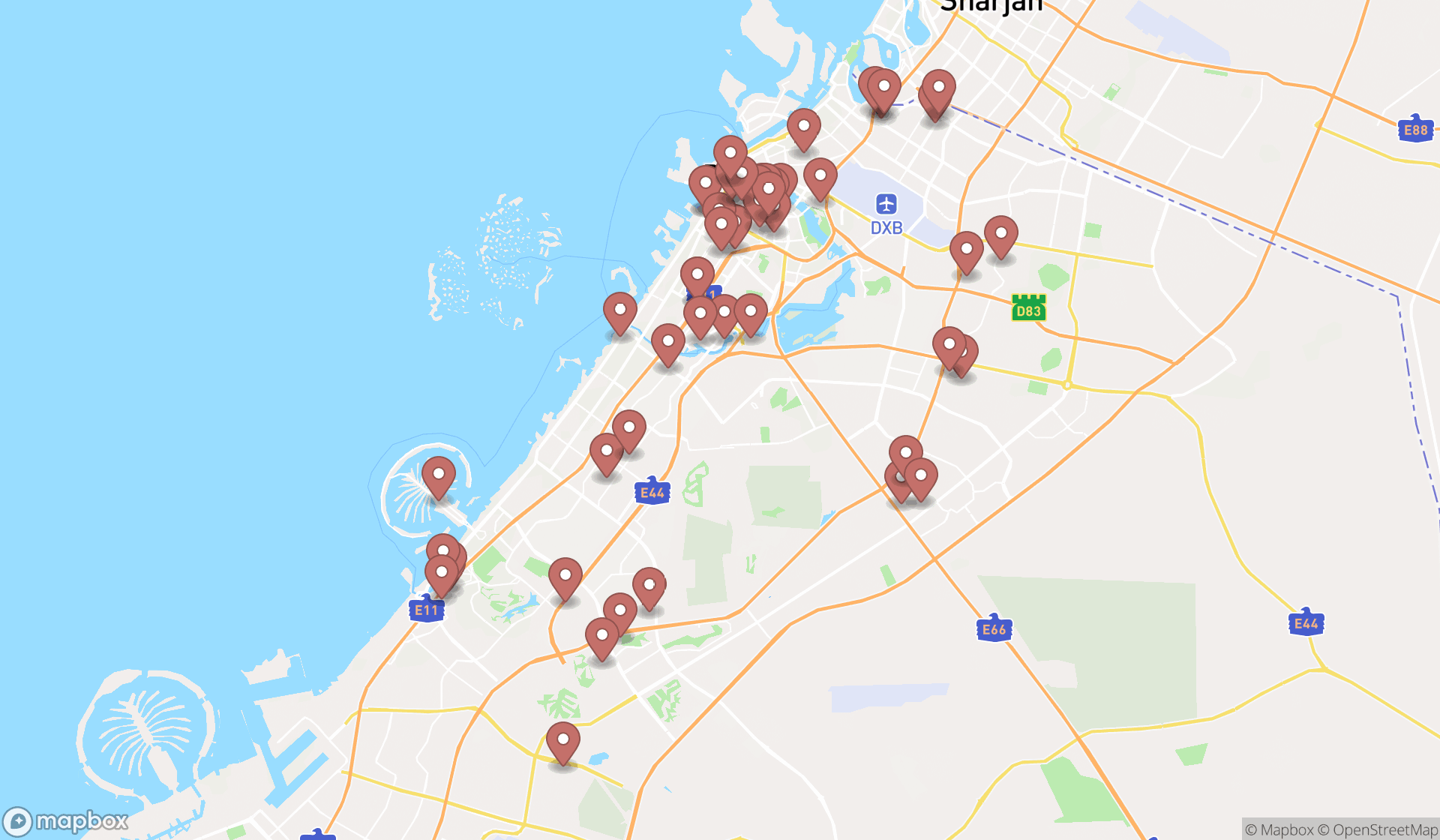Map showing the search results in Dubai