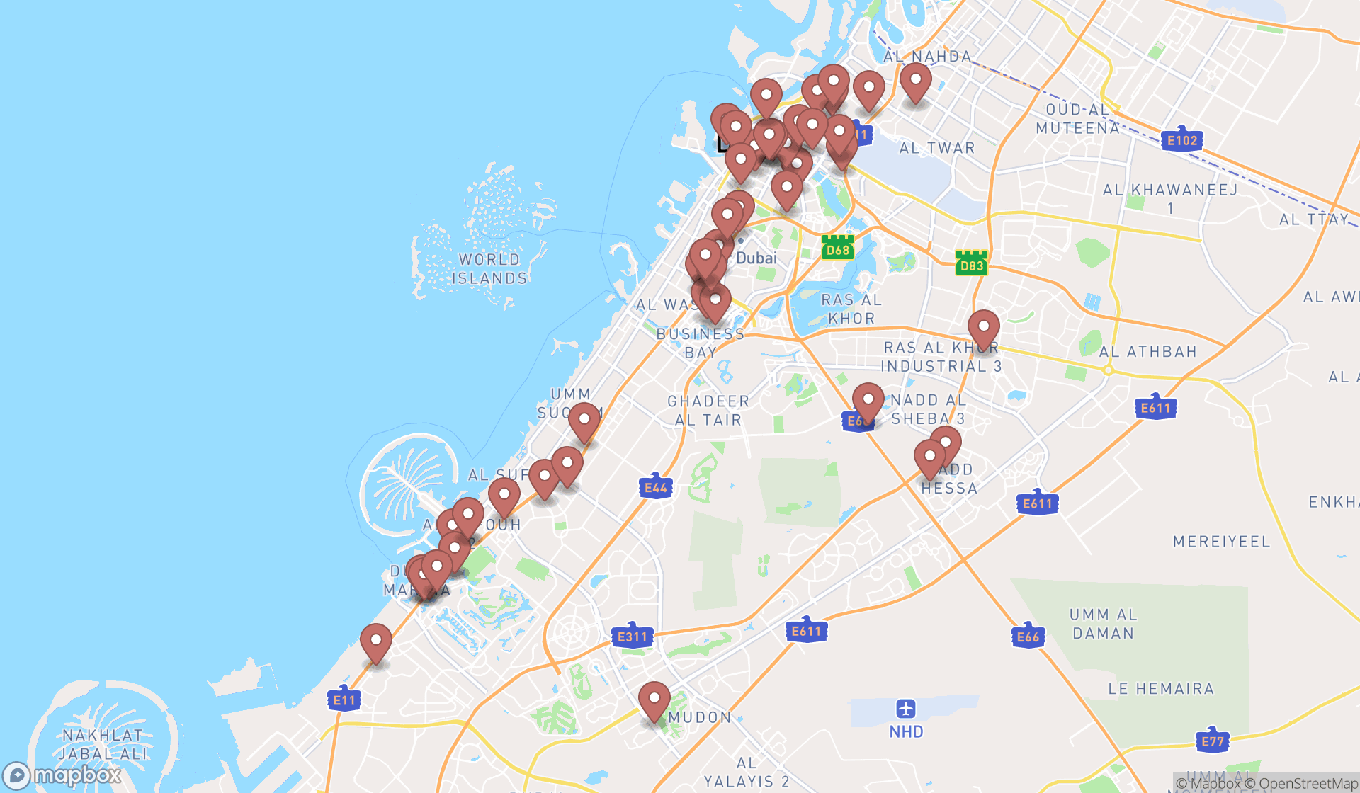 Map showing the search results in Dubai