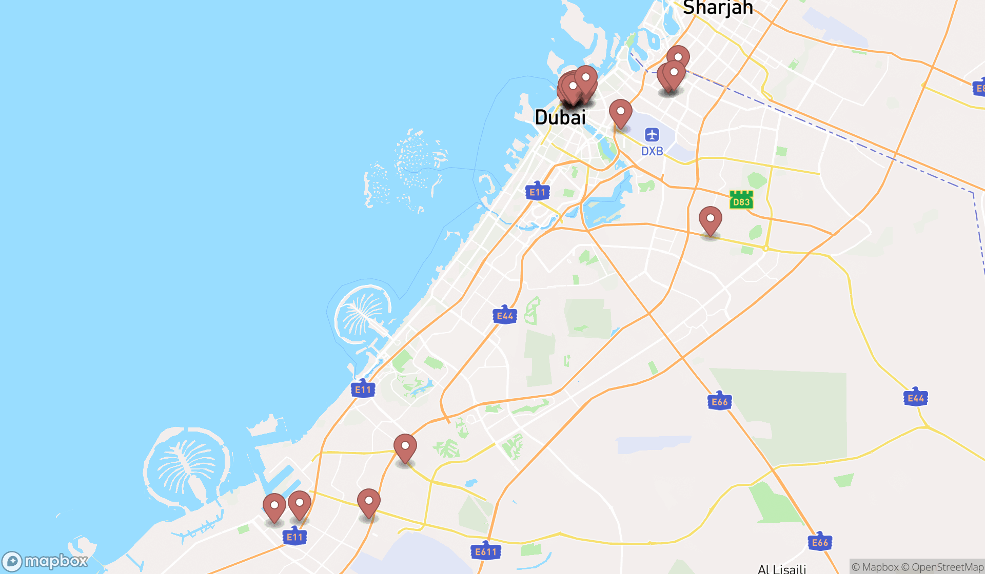 Map showing the search results in Dubai
