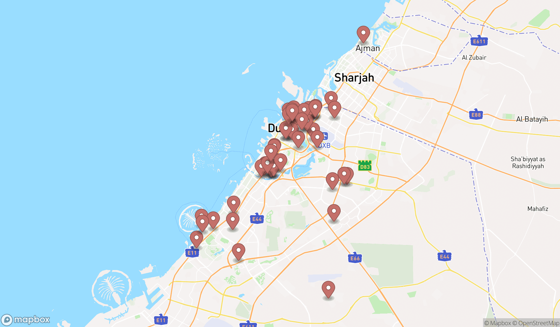Map showing the search results in Dubai