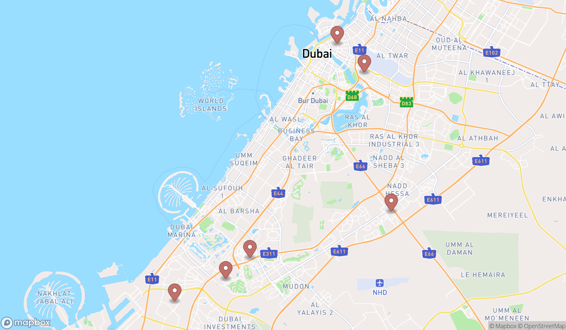 Map showing the search results in Dubai