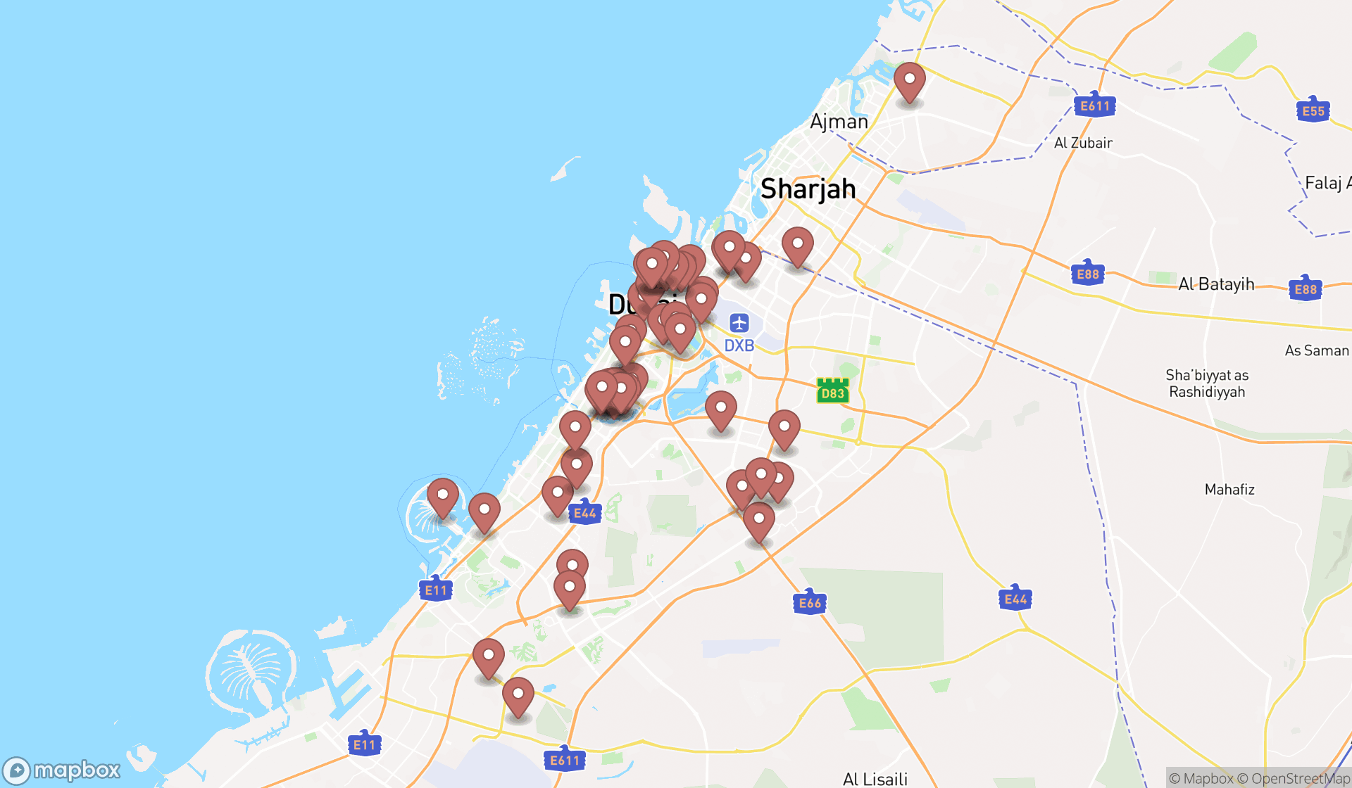 Map showing the search results in Dubai