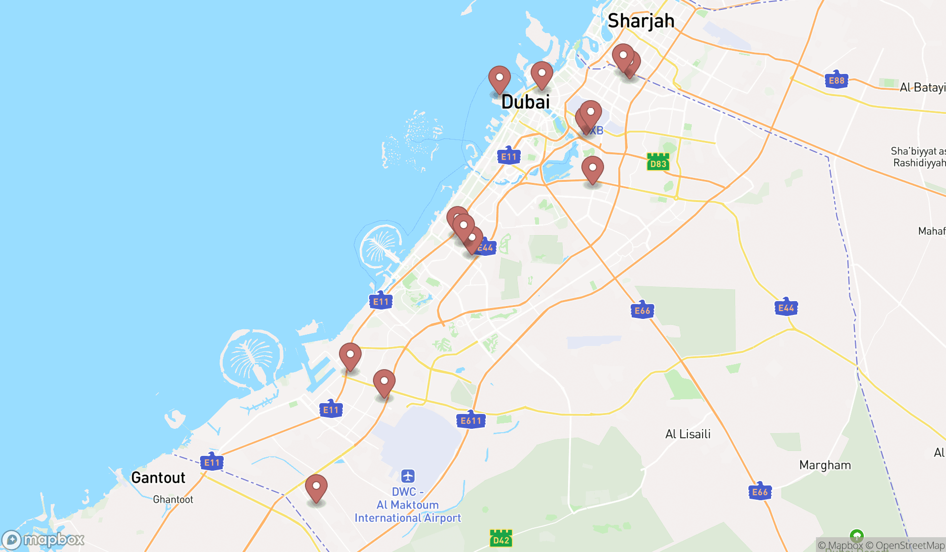 Map showing the search results in Dubai