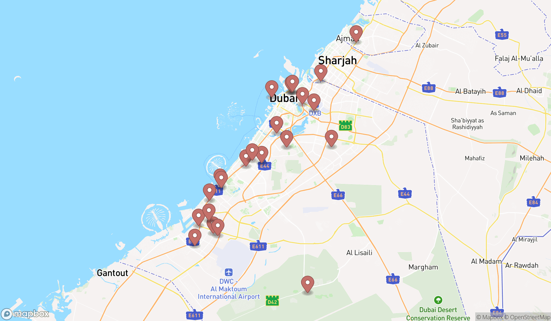 Map showing the search results in Dubai