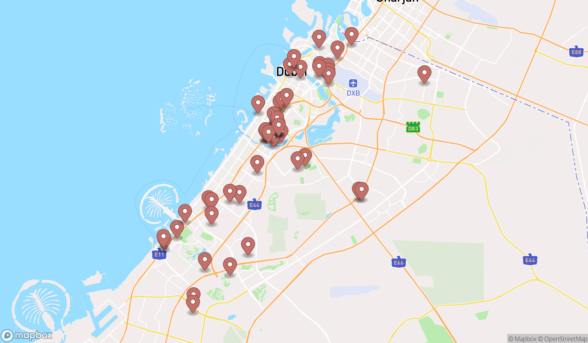 Map showing the search results in Dubai