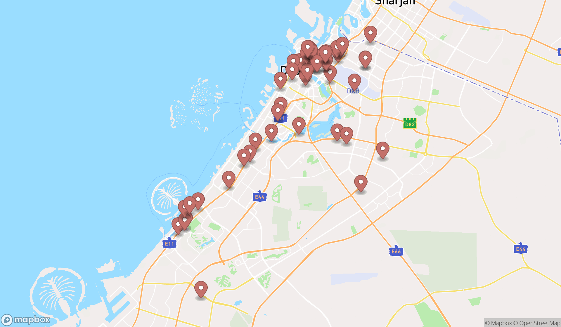 Map showing the search results in Dubai