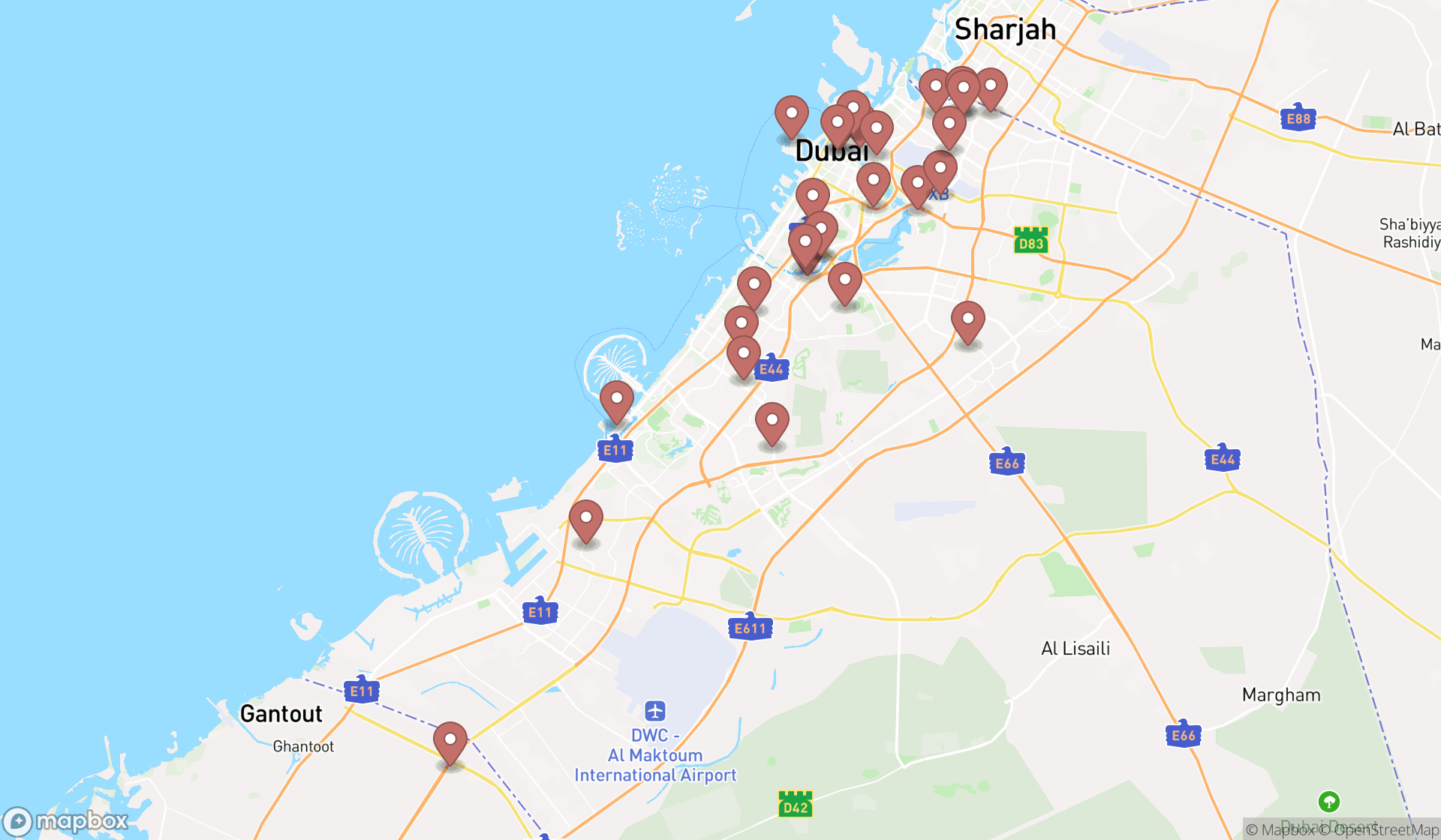 Map showing the search results in Dubai