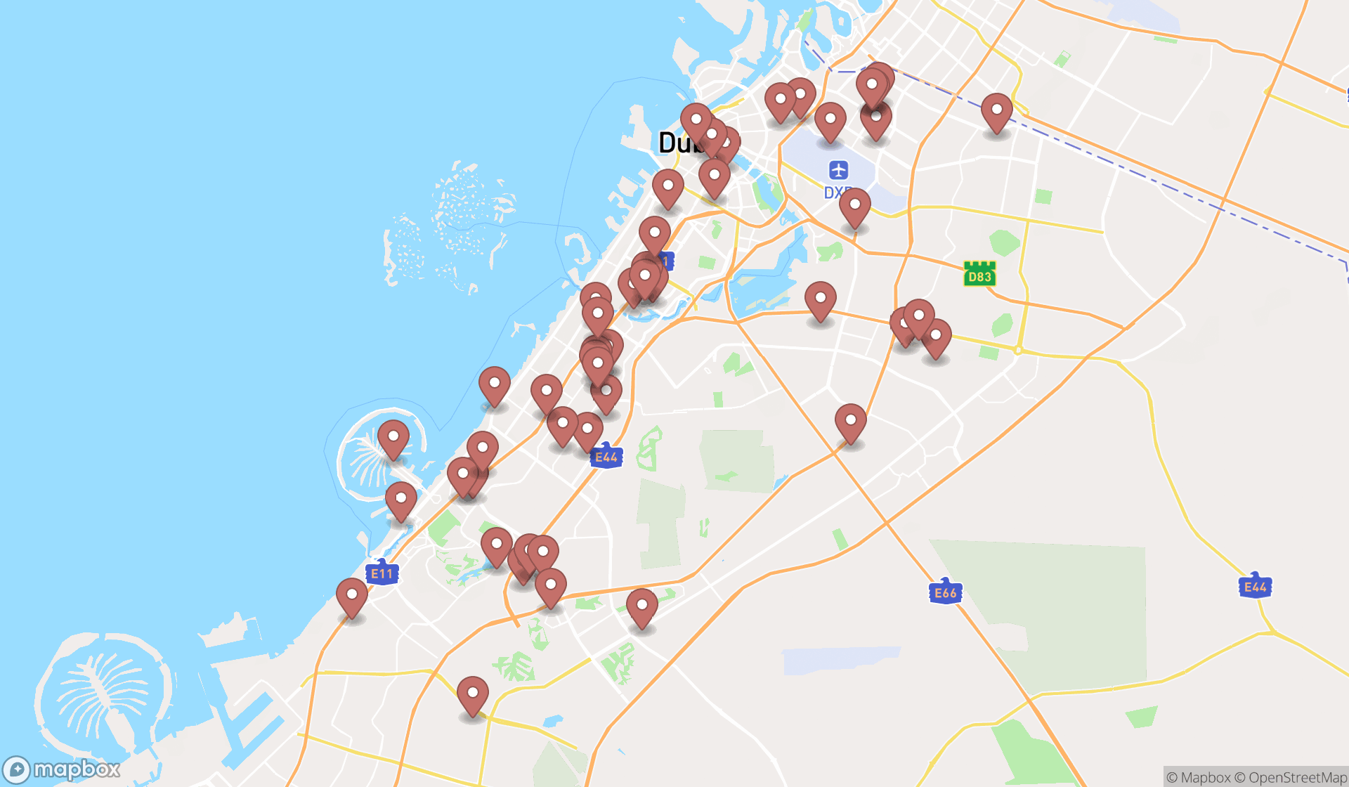 Map showing the search results in Dubai