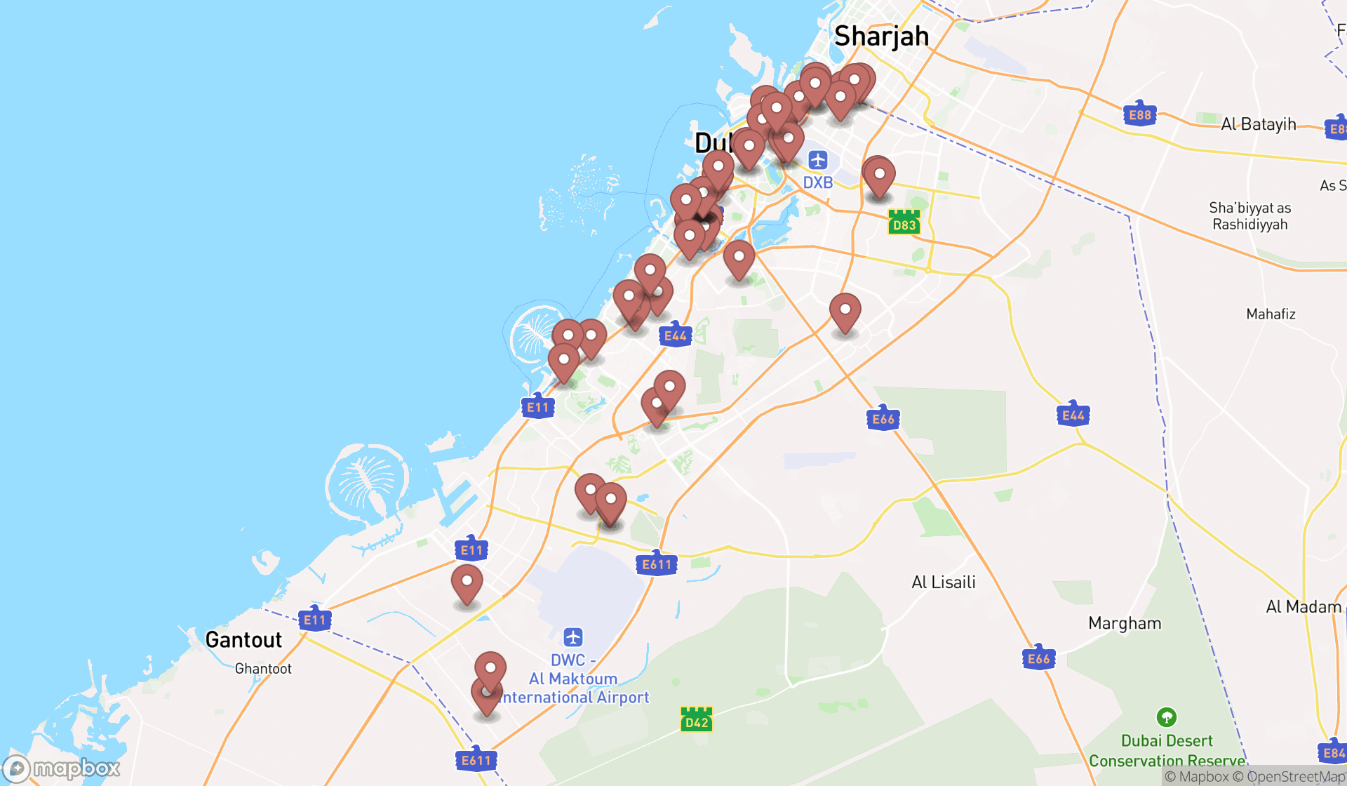 Map showing the search results in Dubai