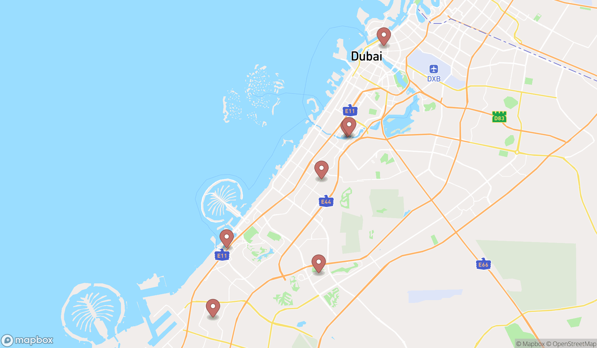 Map showing the search results in Dubai