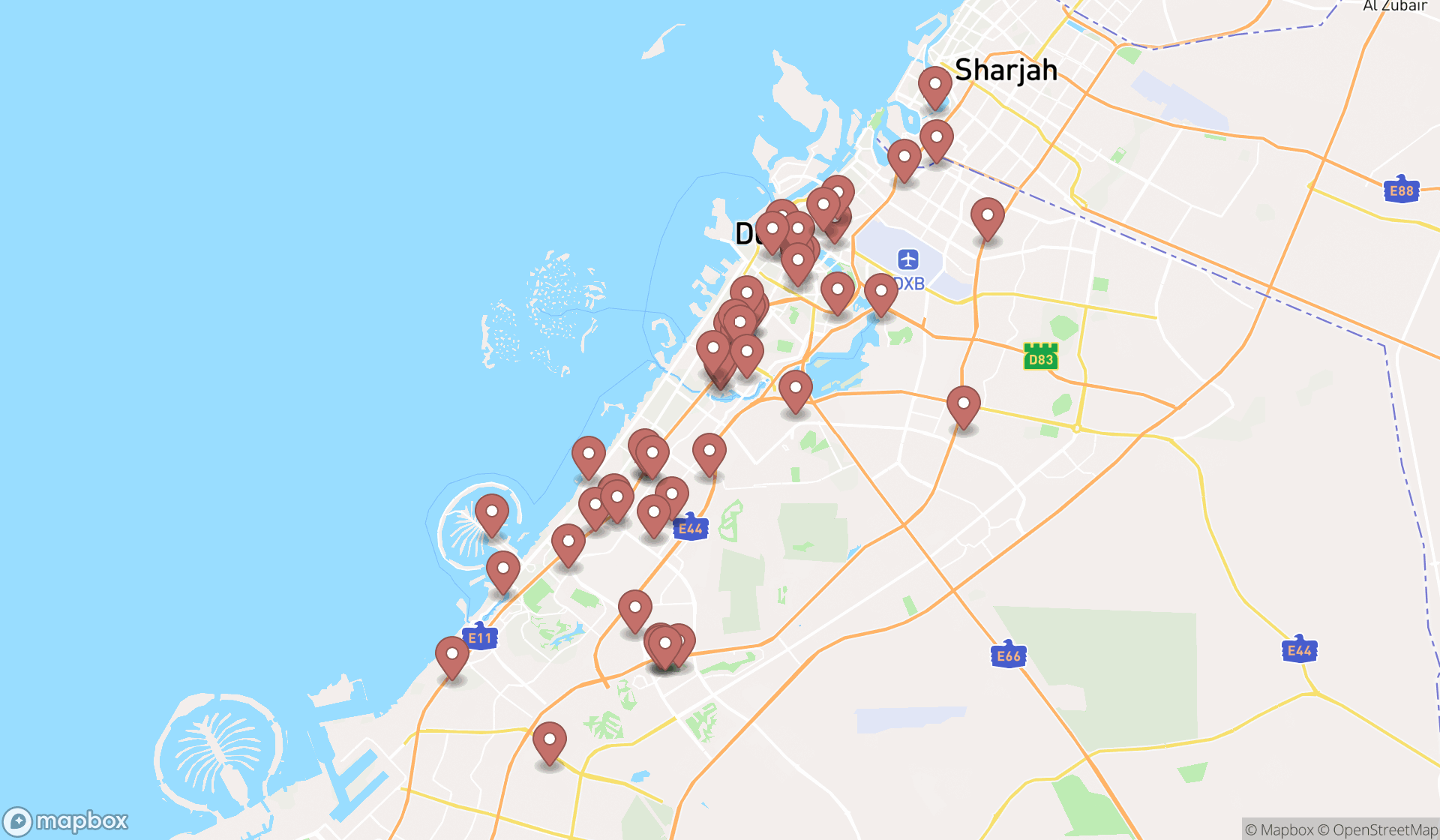 Map showing the search results in Dubai