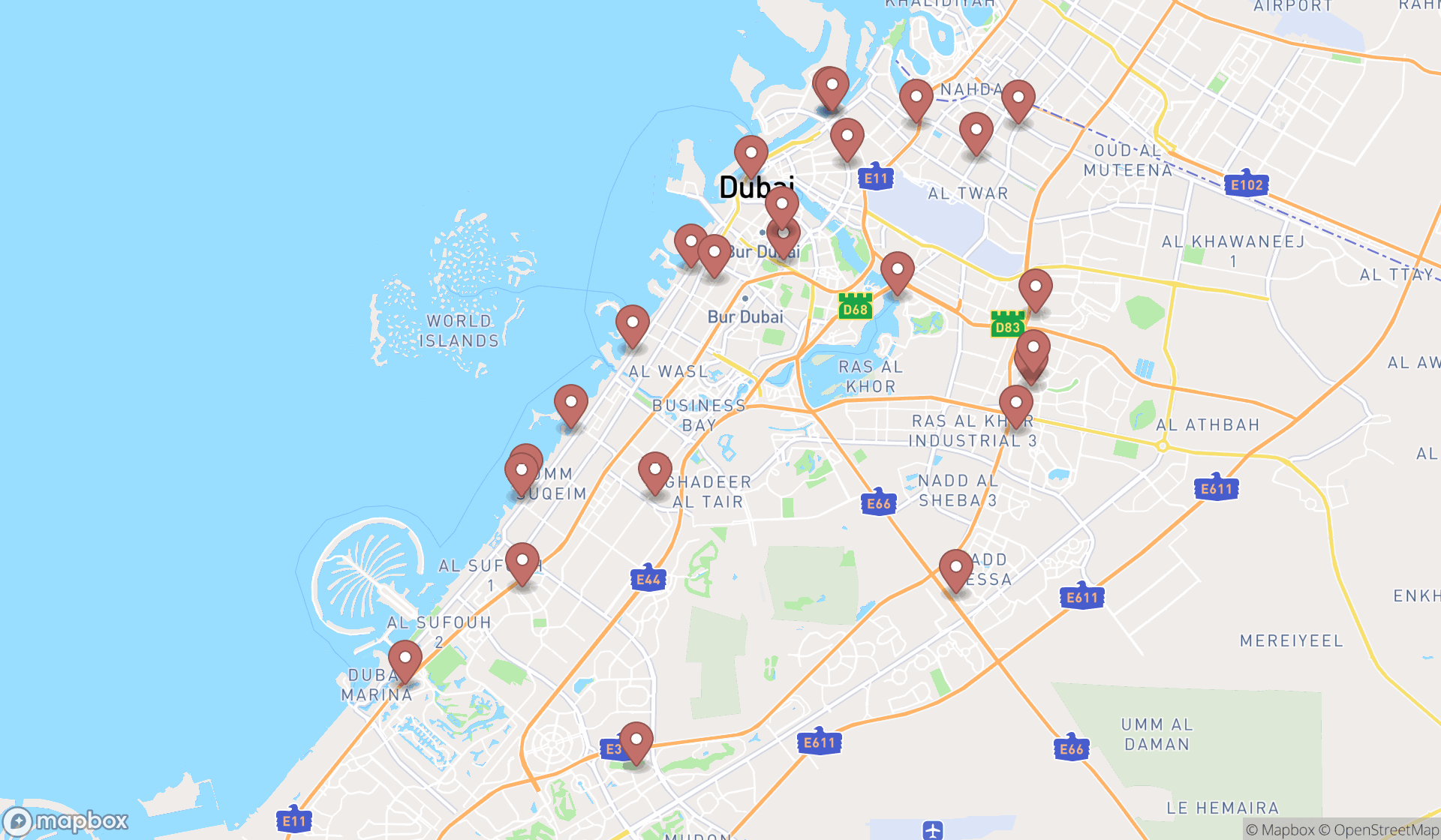 Map showing the search results in Dubai