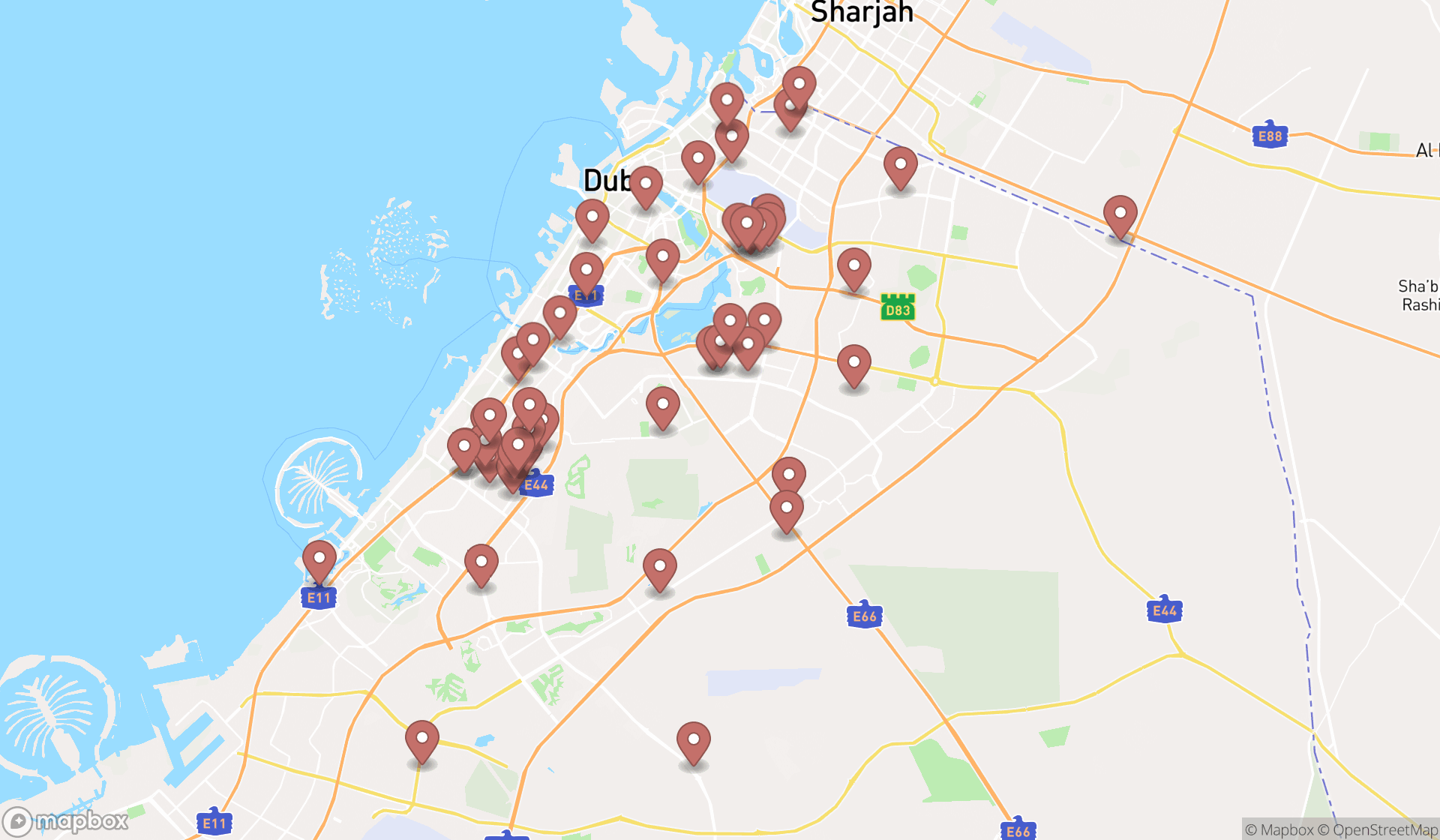 Map showing the search results in Dubai