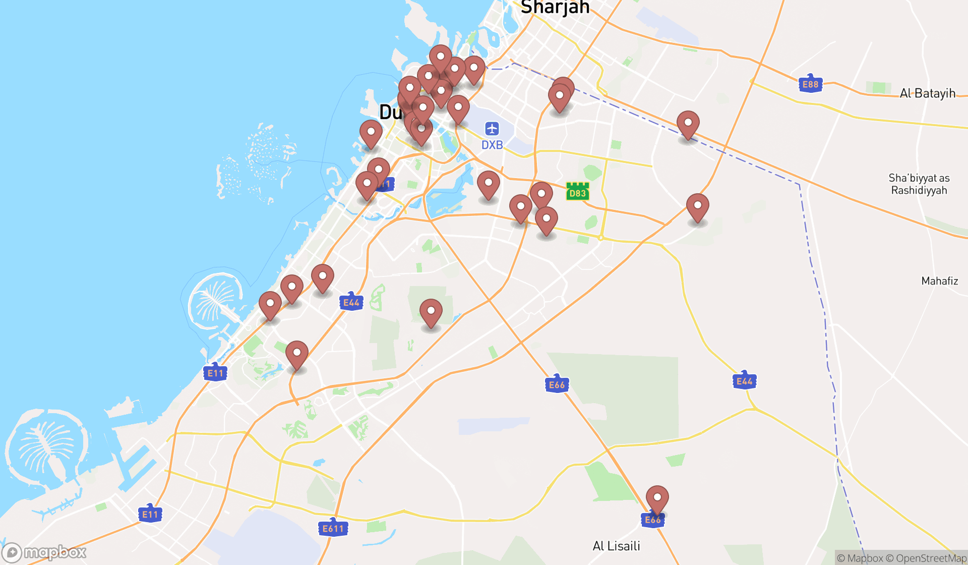 Map showing the search results in Dubai