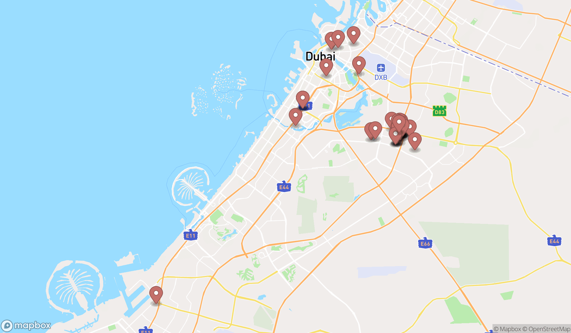 Map showing the search results in Dubai
