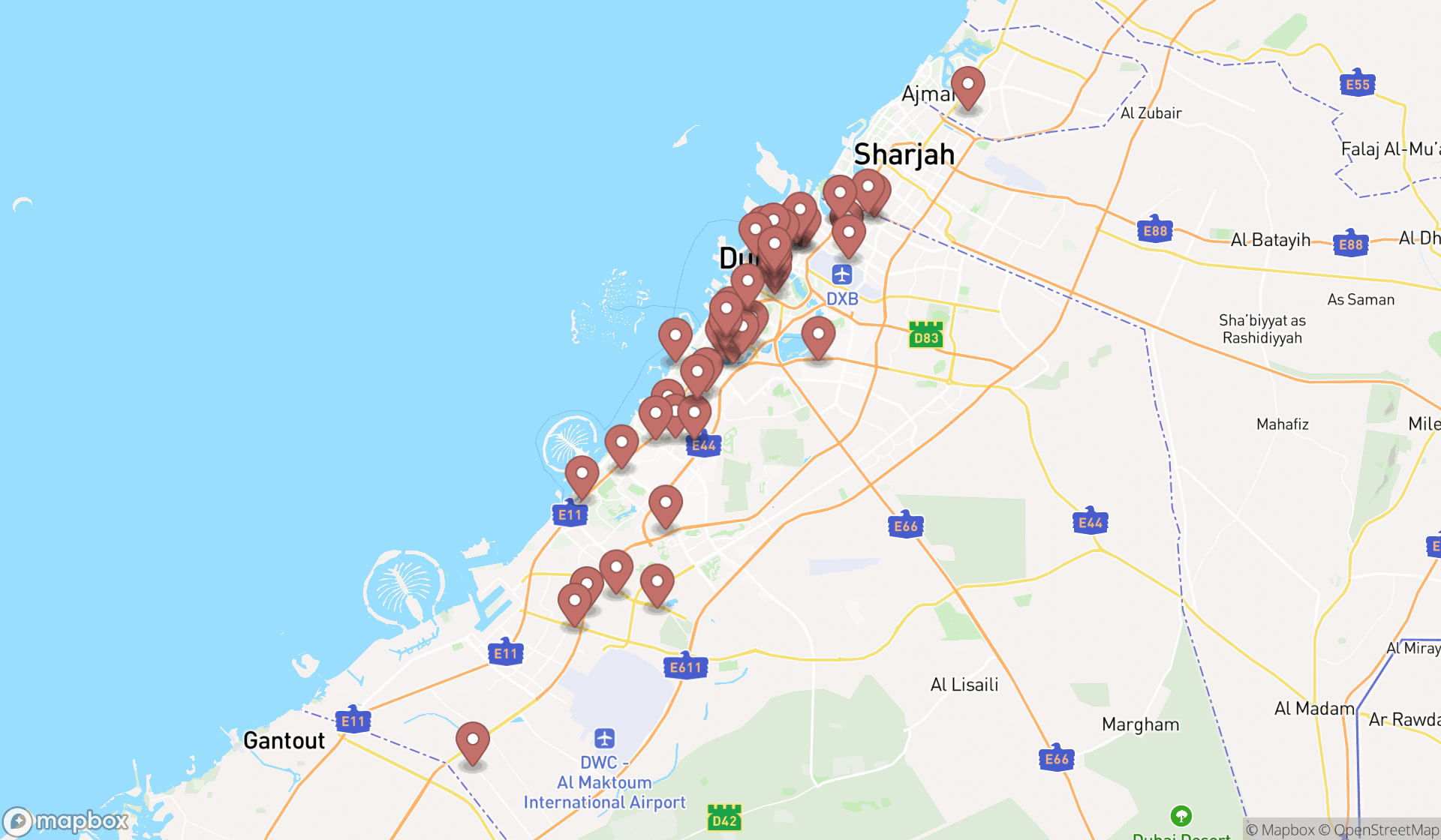 Map showing the search results in Dubai