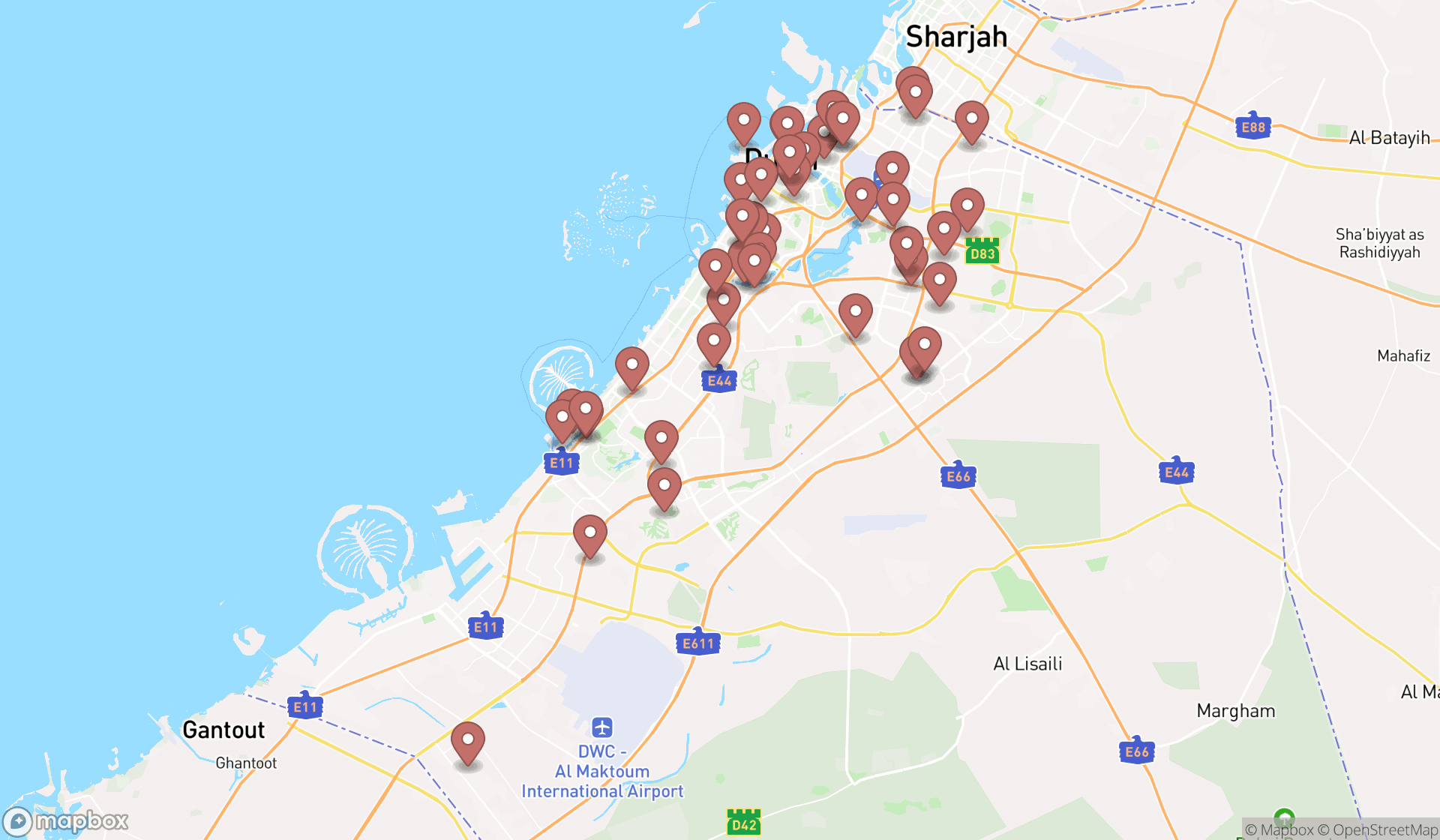 Map showing the search results in Dubai