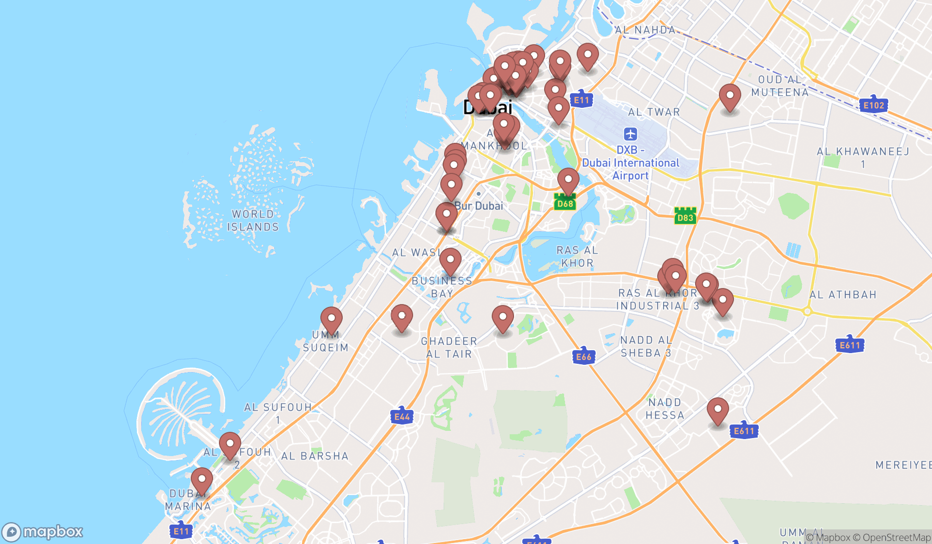 Map showing the search results in Dubai