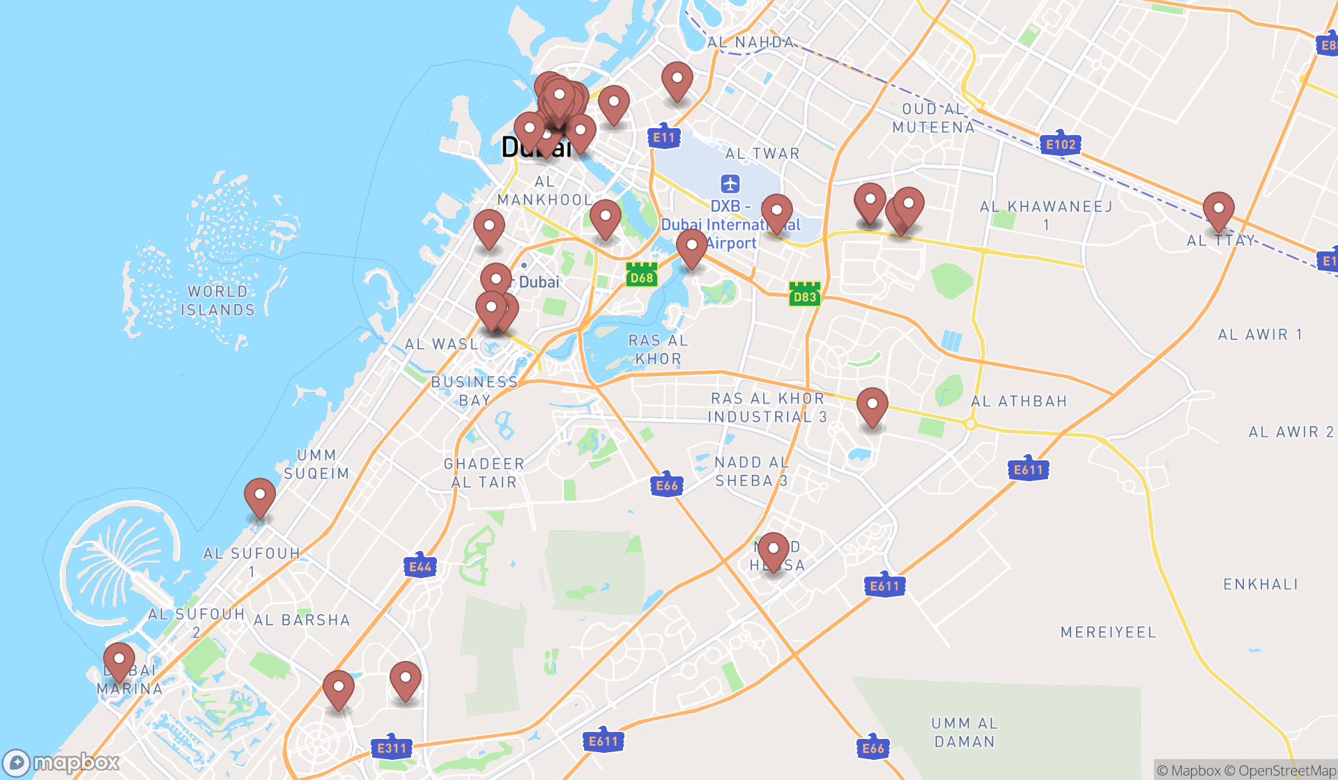 Map showing the search results in Dubai