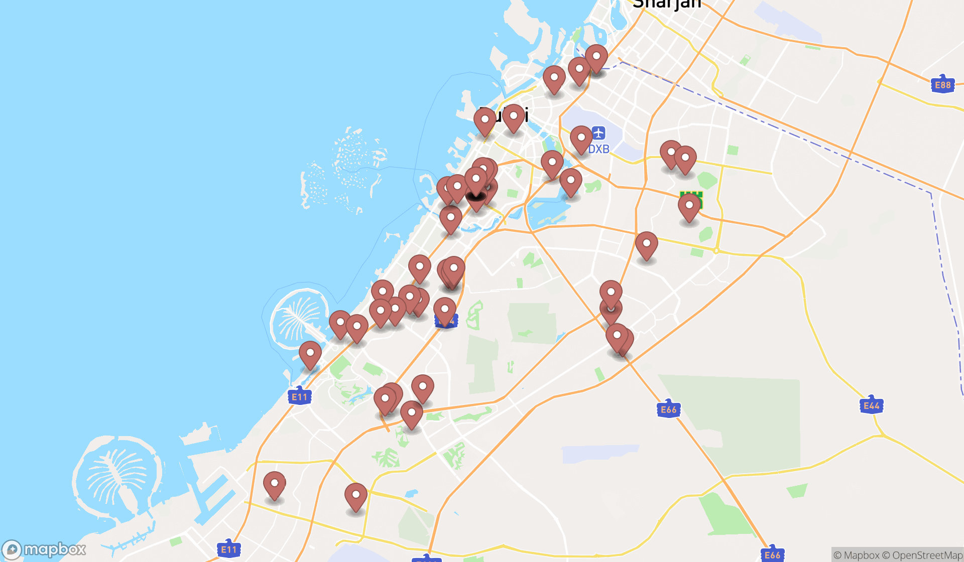 Map showing the search results in Dubai