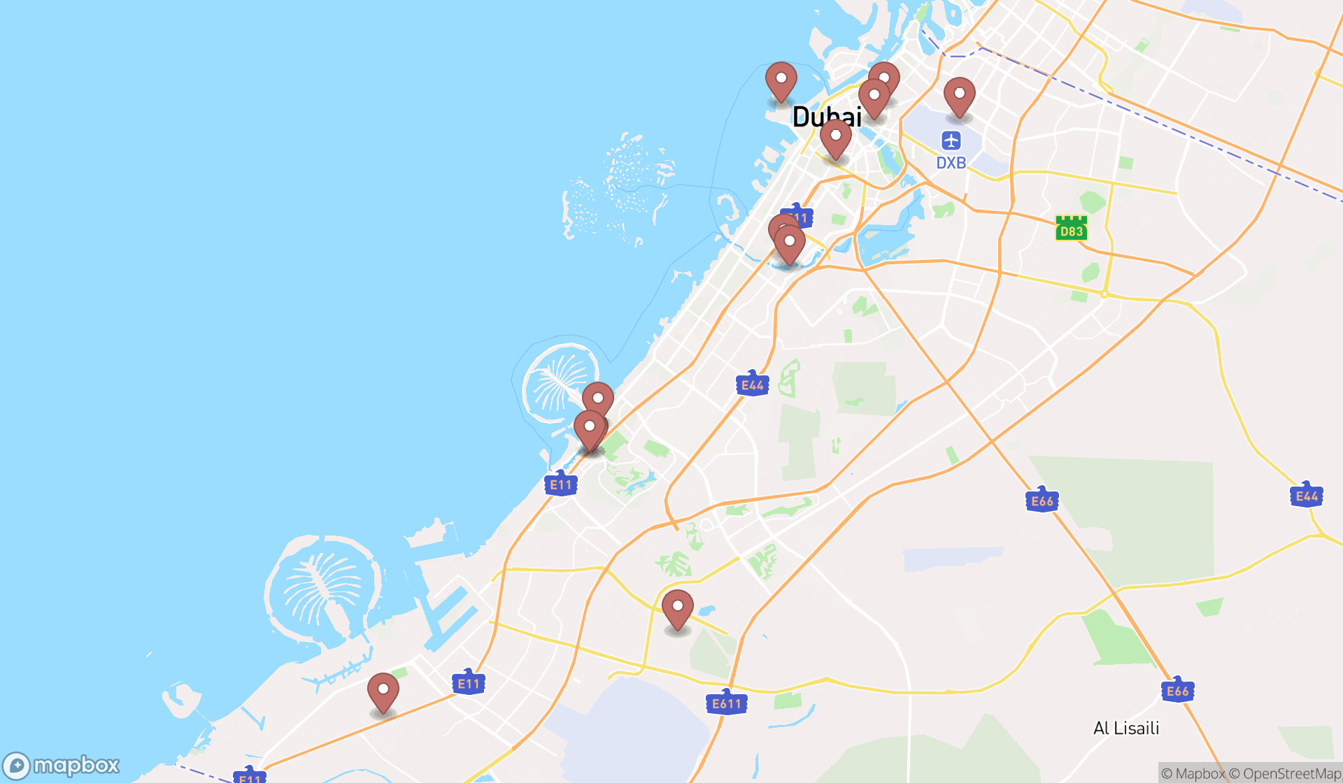 Map showing the search results in Dubai