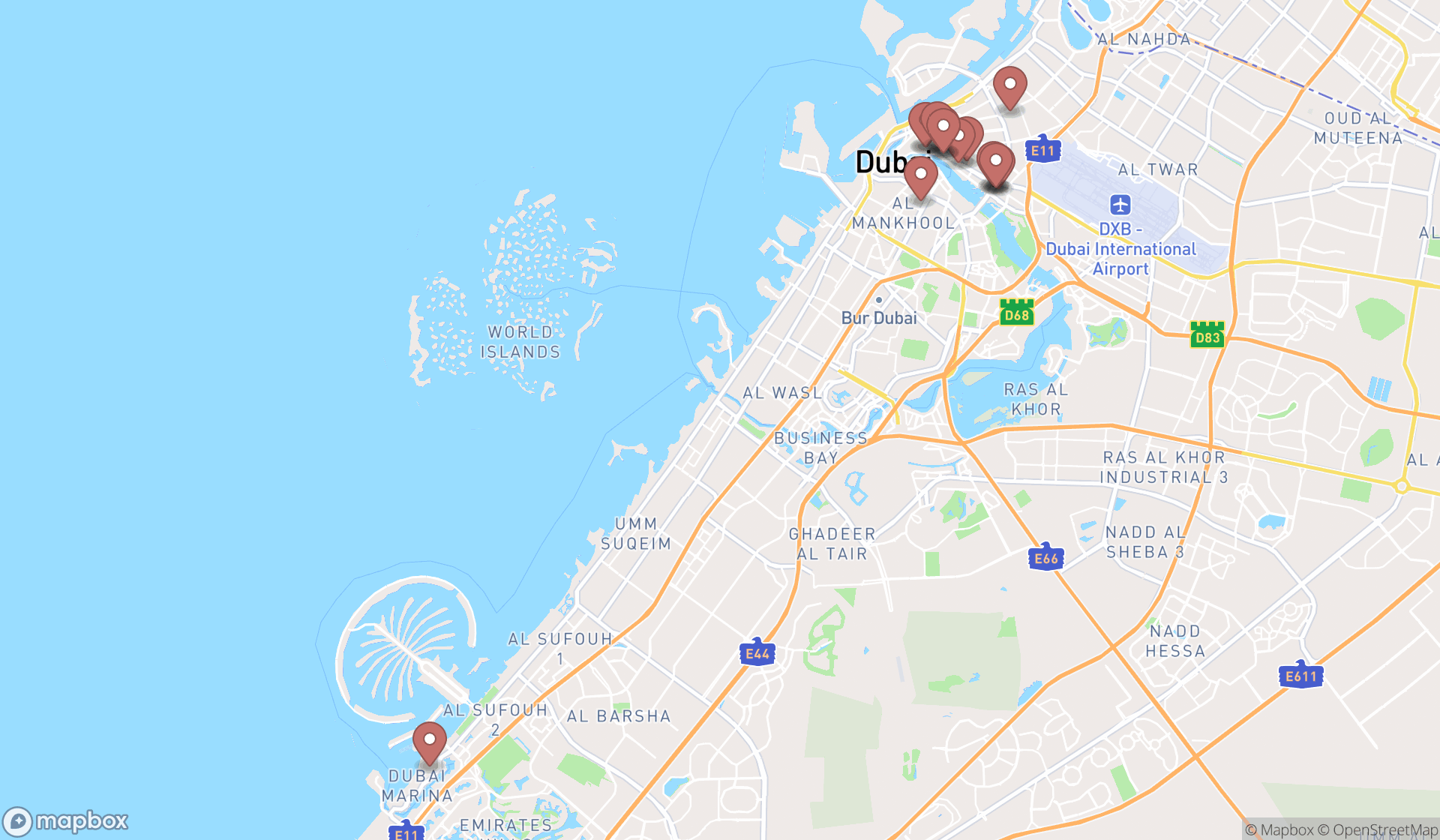 Map showing the search results in Dubai
