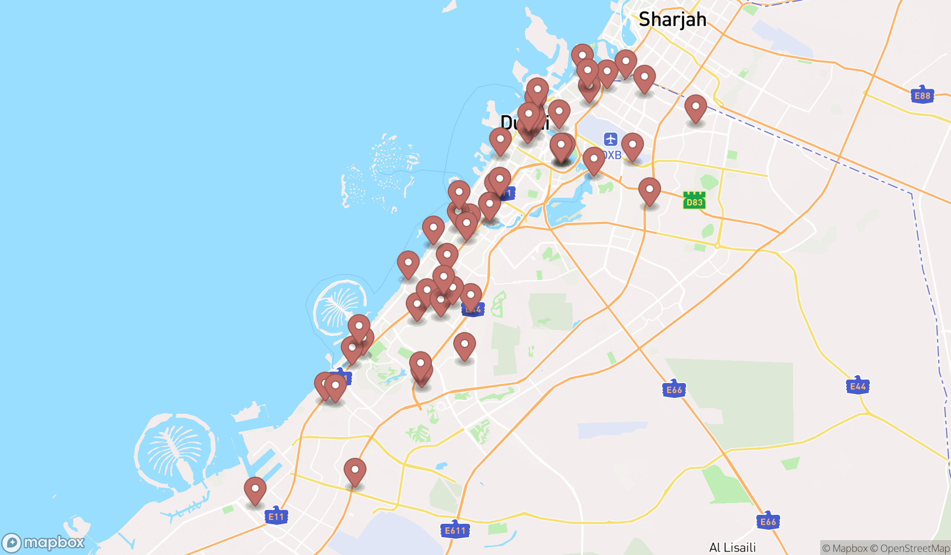 Map showing the search results in Dubai