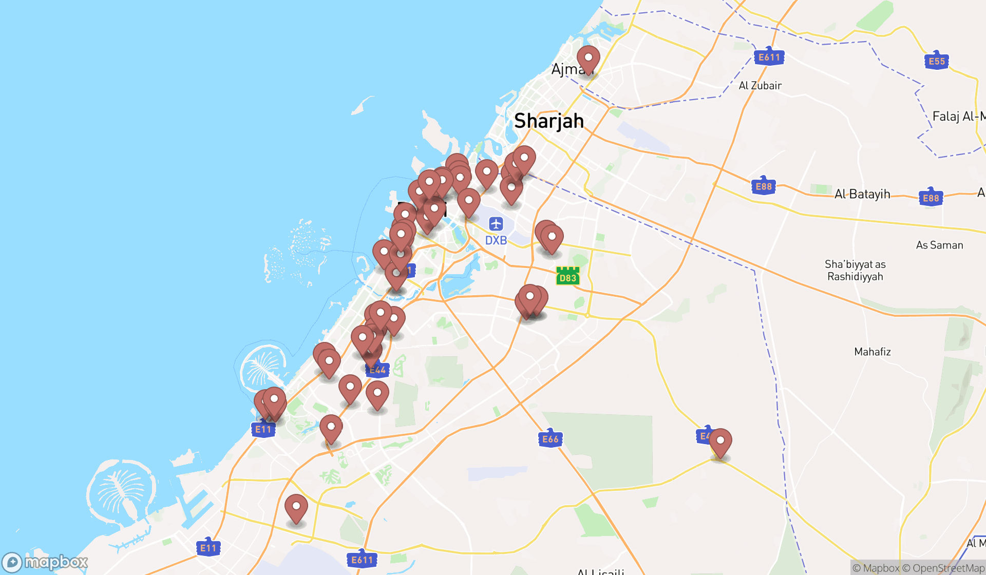 Map showing the search results in Dubai