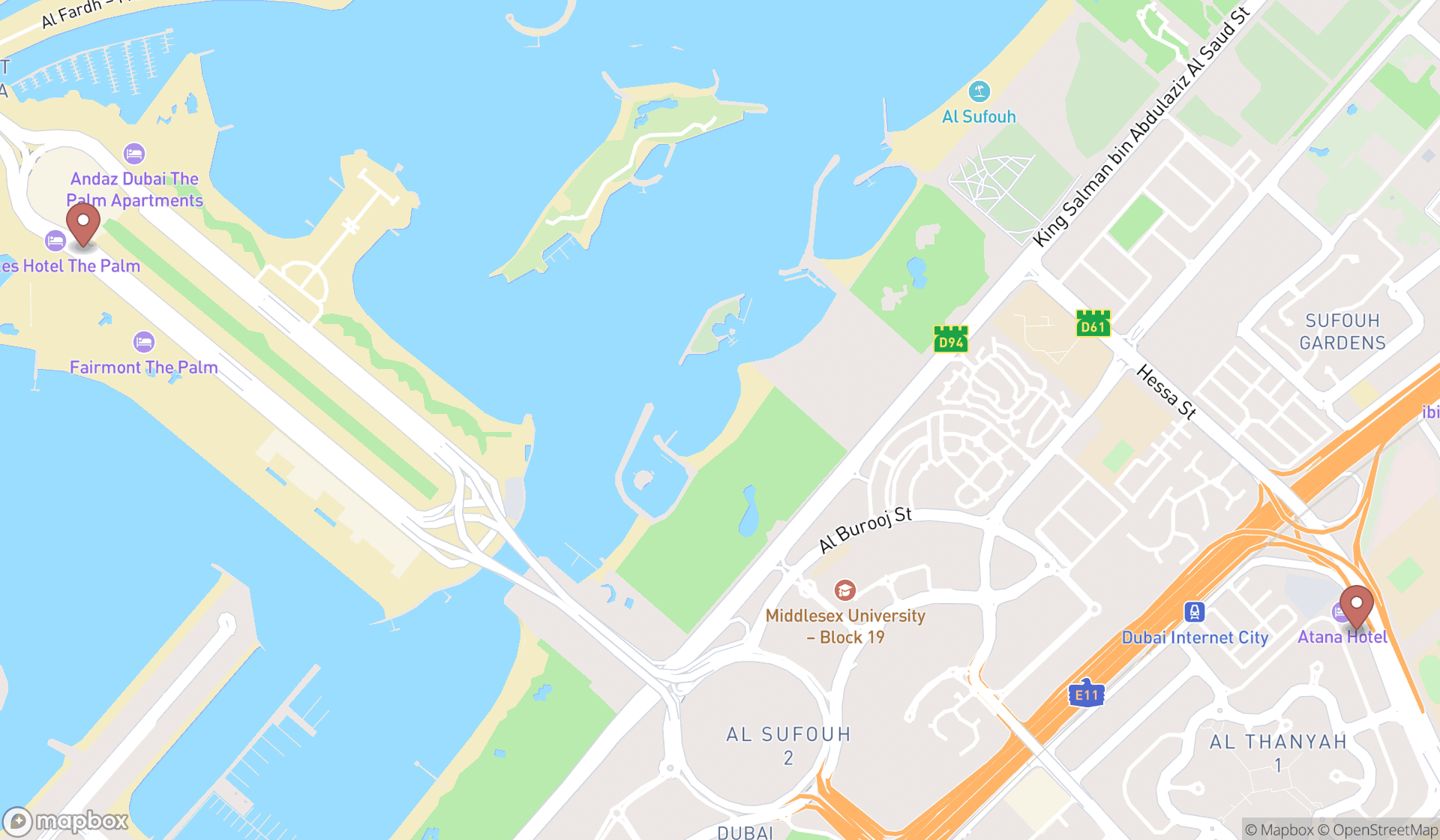 Map showing the search results in Dubai