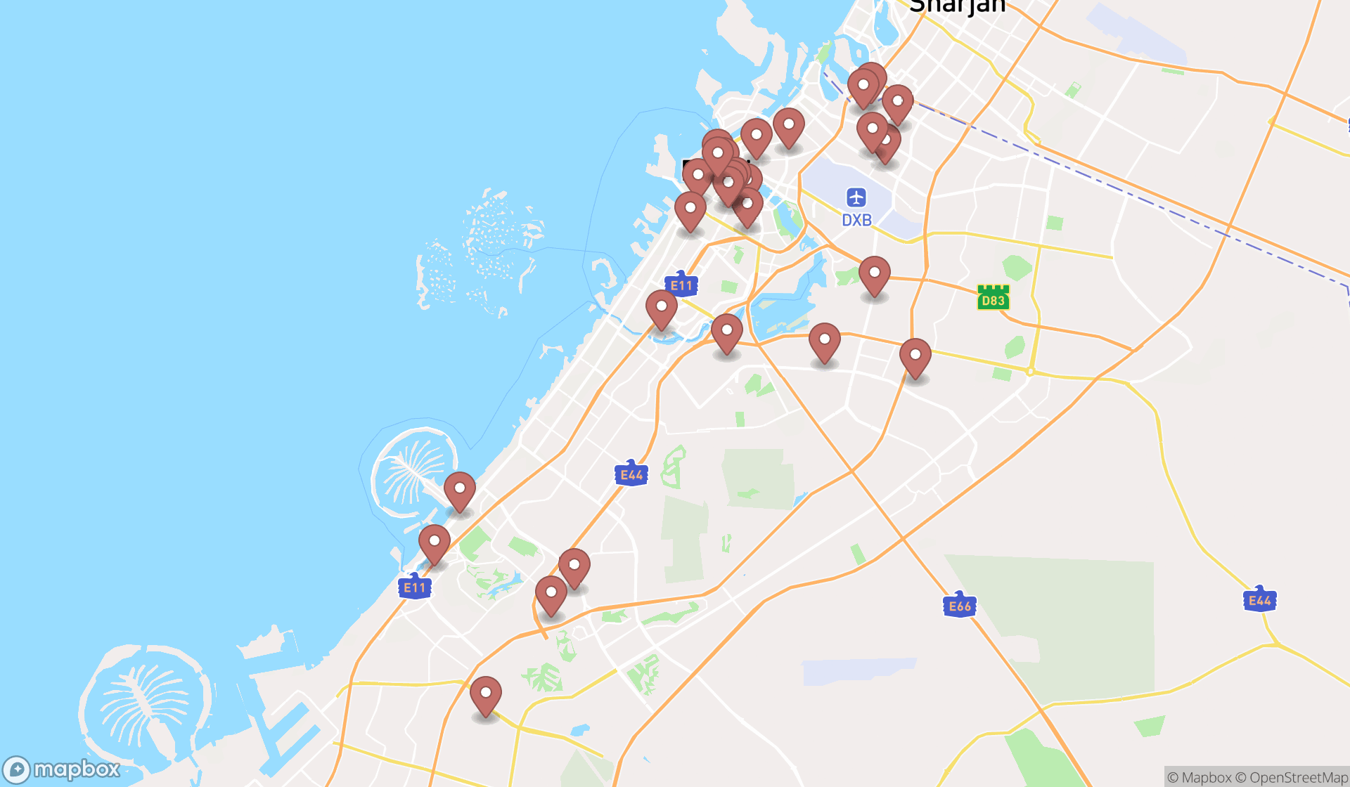 Map showing the search results in Dubai