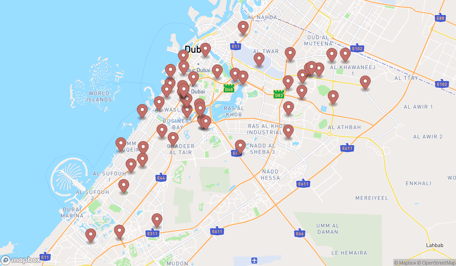 Map showing the search results in Dubai