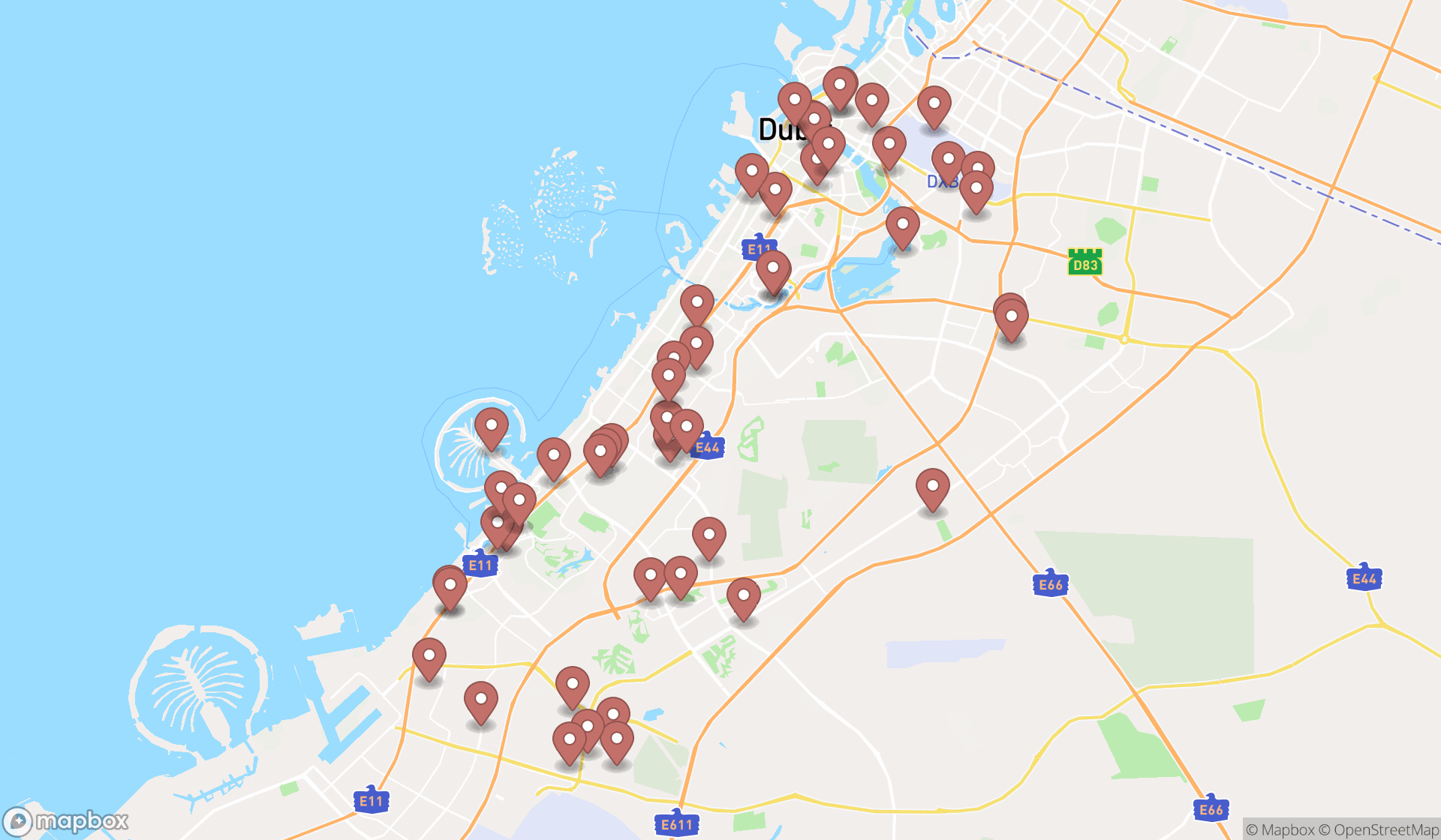 Map showing the search results in Dubai